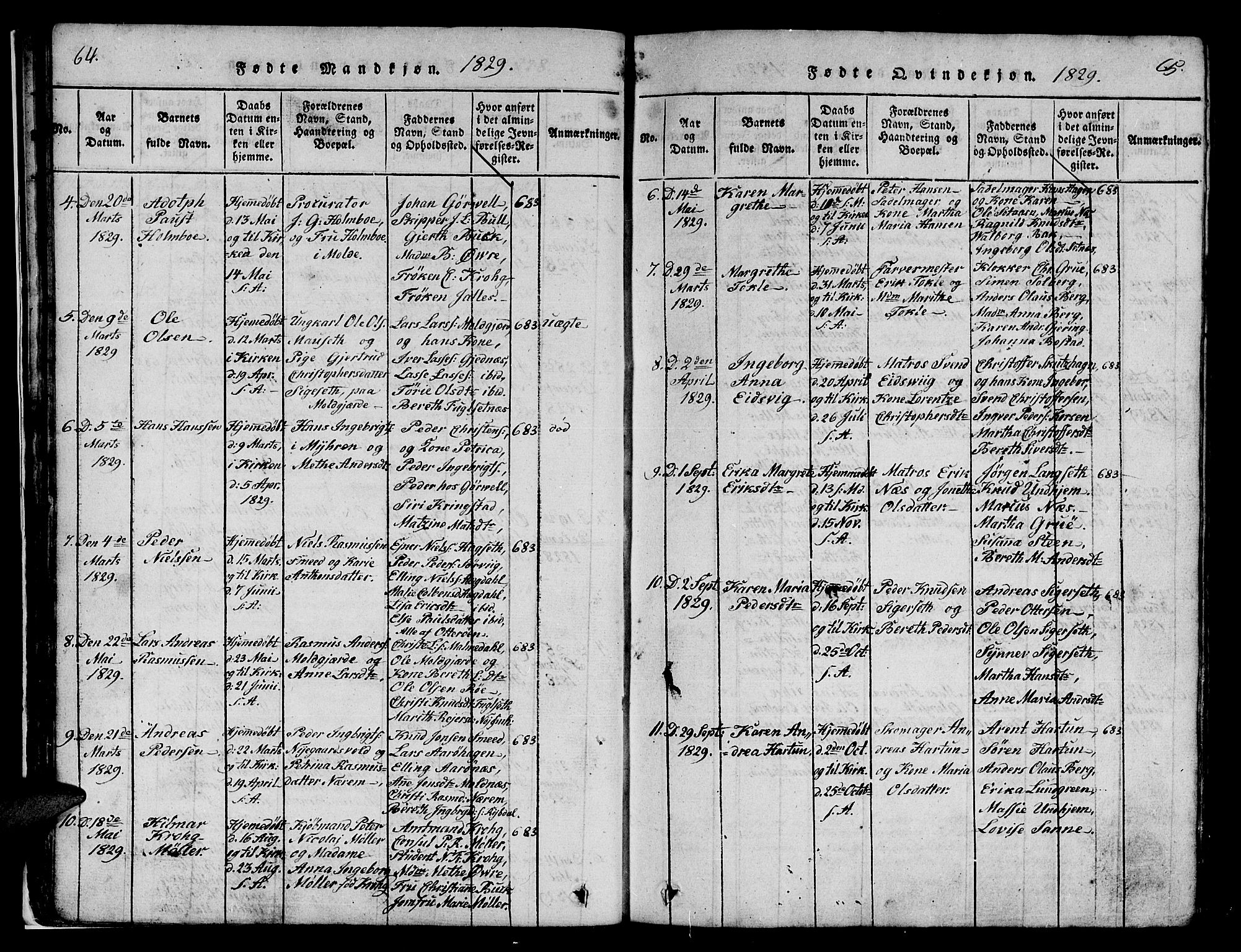 Ministerialprotokoller, klokkerbøker og fødselsregistre - Møre og Romsdal, SAT/A-1454/558/L0700: Parish register (copy) no. 558C01, 1818-1868, p. 64-65