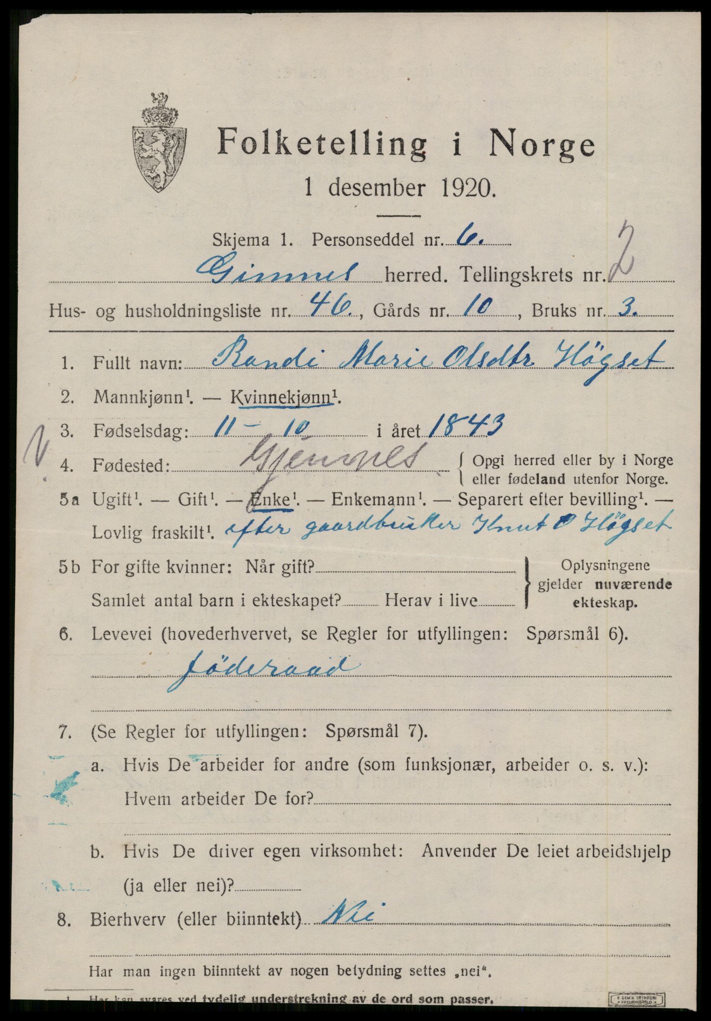 SAT, 1920 census for Gjemnes, 1920, p. 1198