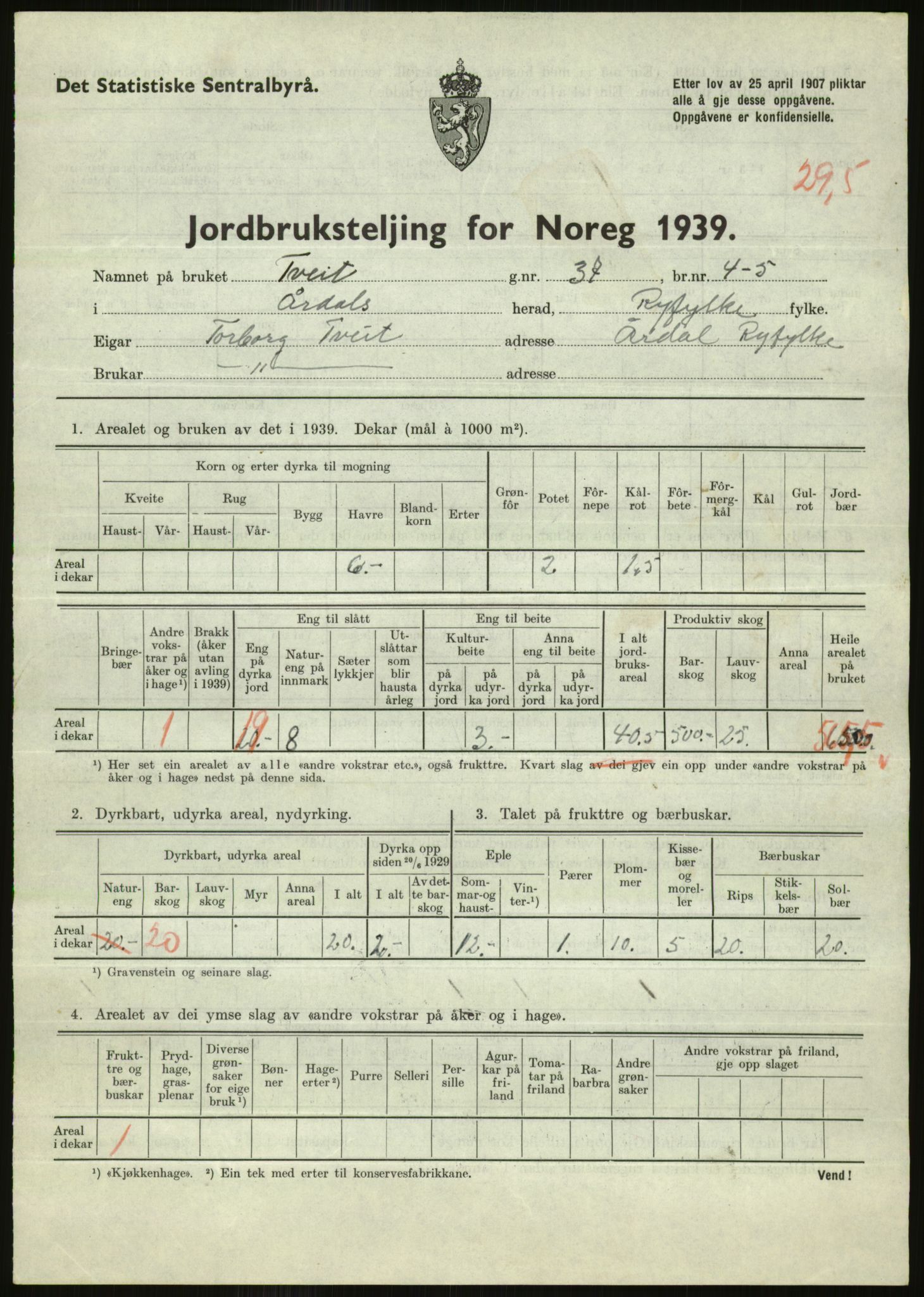 Statistisk sentralbyrå, Næringsøkonomiske emner, Jordbruk, skogbruk, jakt, fiske og fangst, AV/RA-S-2234/G/Gb/L0184: Rogaland: Årdal, Fister og Hjelmeland, 1939, p. 613