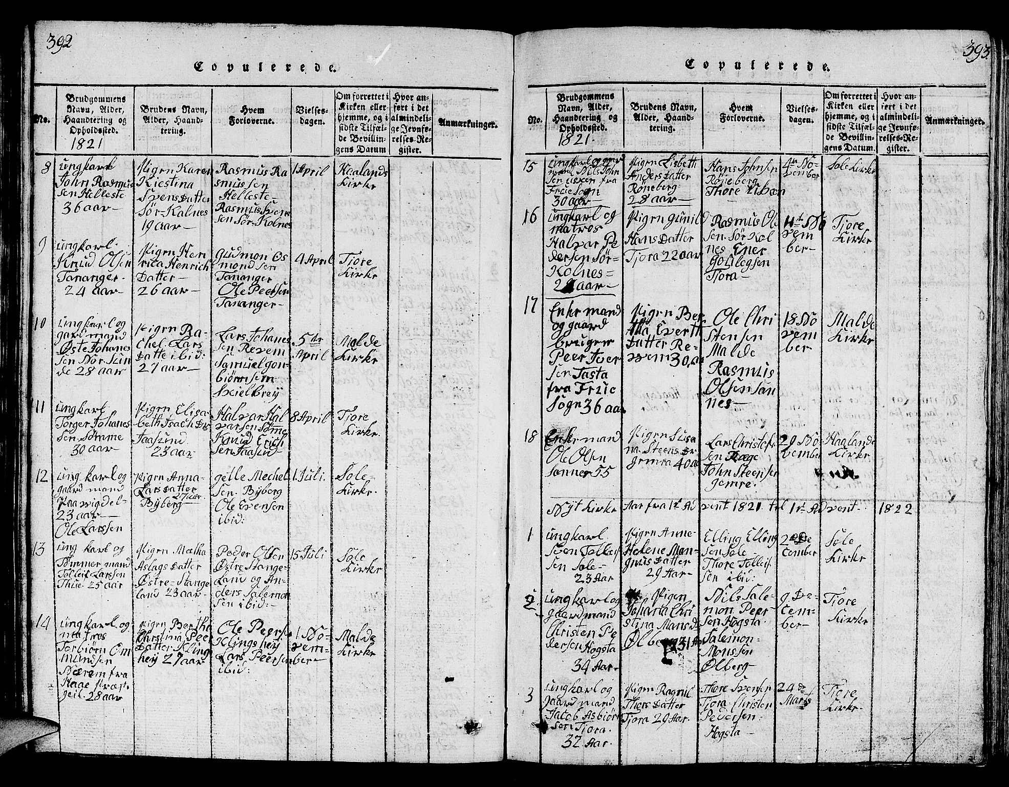 Håland sokneprestkontor, SAST/A-101802/001/30BB/L0001: Parish register (copy) no. B 1, 1815-1845, p. 392-393