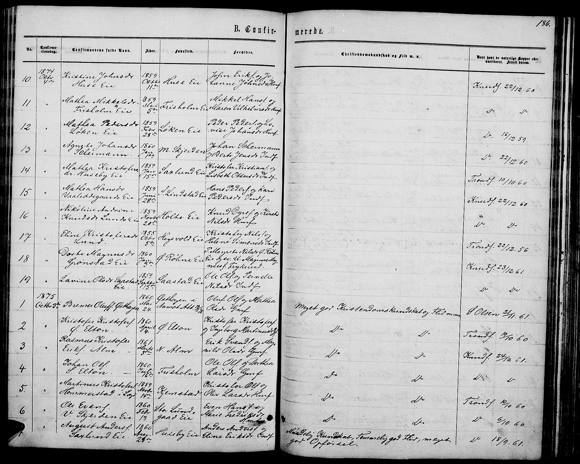 Stange prestekontor, SAH/PREST-002/L/L0006: Parish register (copy) no. 6, 1864-1882, p. 186