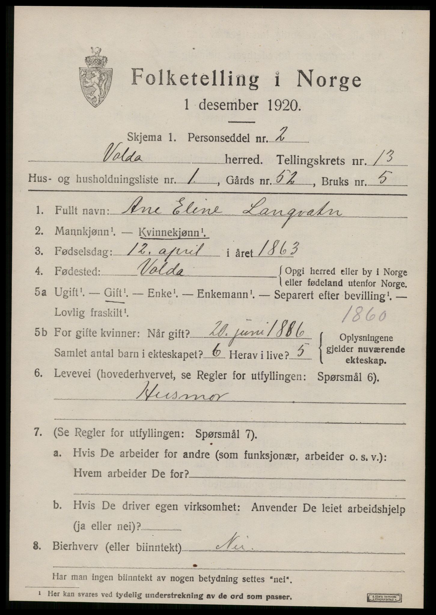 SAT, 1920 census for Volda, 1920, p. 8358