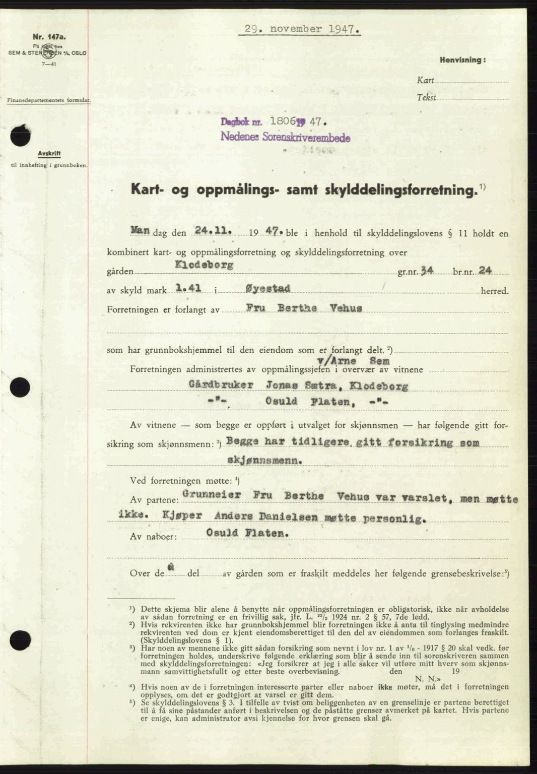 Nedenes sorenskriveri, SAK/1221-0006/G/Gb/Gba/L0058: Mortgage book no. A10, 1947-1948, Diary no: : 1806/1947