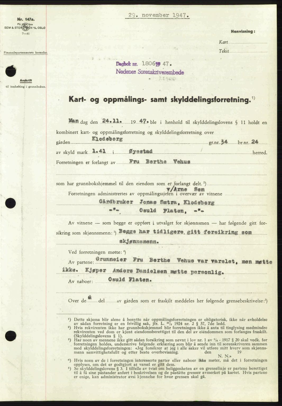 Nedenes sorenskriveri, AV/SAK-1221-0006/G/Gb/Gba/L0058: Mortgage book no. A10, 1947-1948, Diary no: : 1806/1947