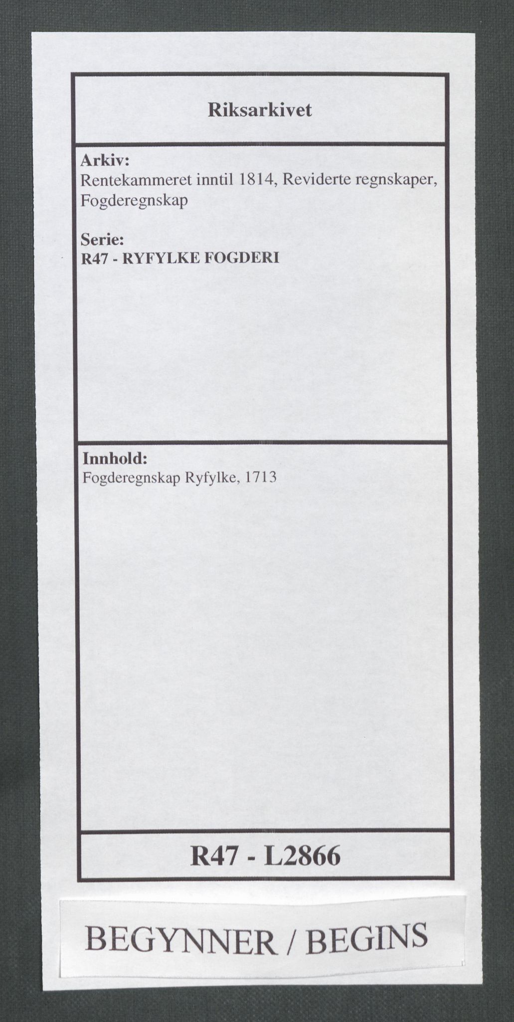 Rentekammeret inntil 1814, Reviderte regnskaper, Fogderegnskap, RA/EA-4092/R47/L2866: Fogderegnskap Ryfylke, 1713, p. 1