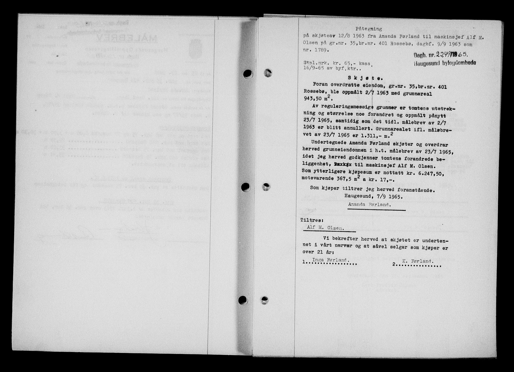 Haugesund tingrett, AV/SAST-A-101415/01/II/IIC/L0076: Mortgage book no. A 17, 1965-1966, Diary no: : 2249/1965