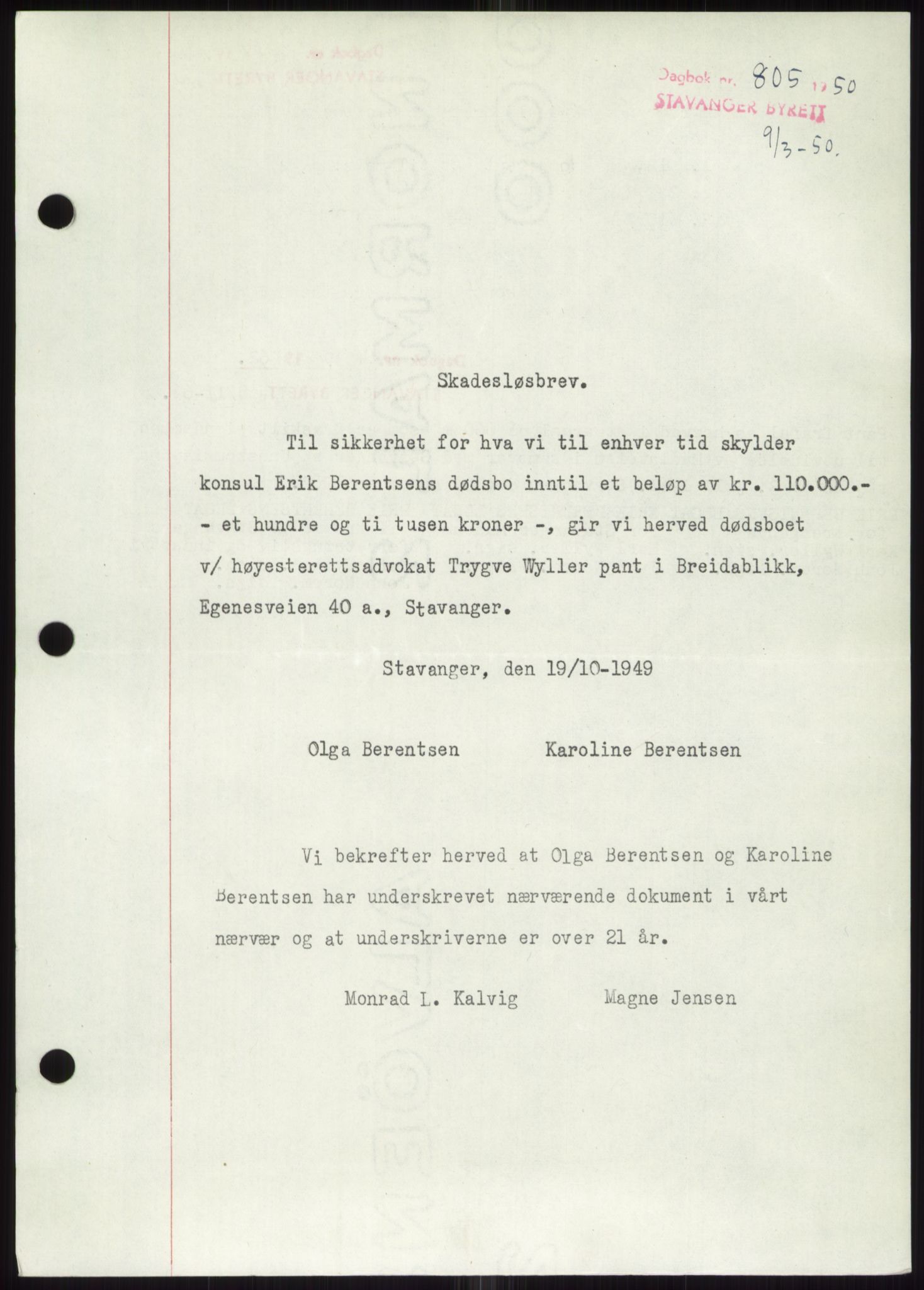 Stavanger byrett, SAST/A-100455/002/G/Gb/L0032: Mortgage book, 1947-1950, Diary no: : 805/1950