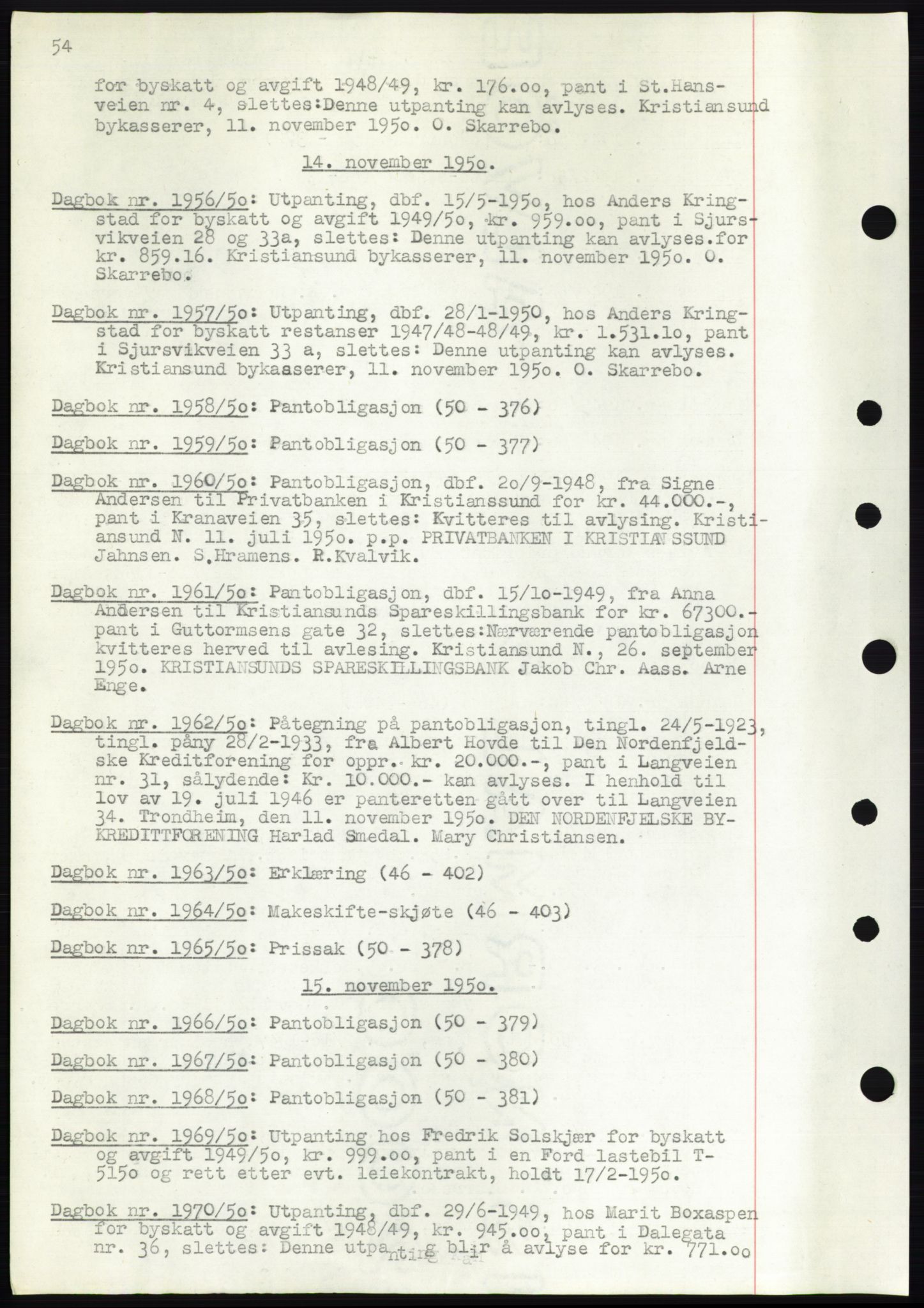 Kristiansund byfogd, AV/SAT-A-4587/A/27: Mortgage book no. 49, 1950-1950, Deed date: 14.11.1950