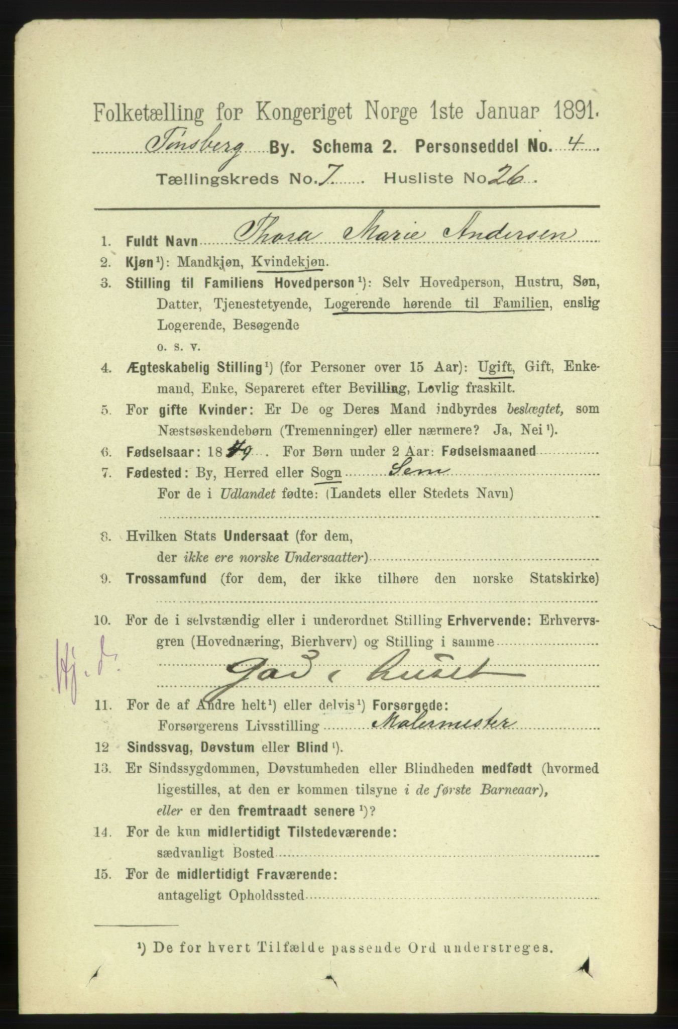 RA, 1891 census for 0705 Tønsberg, 1891, p. 3045