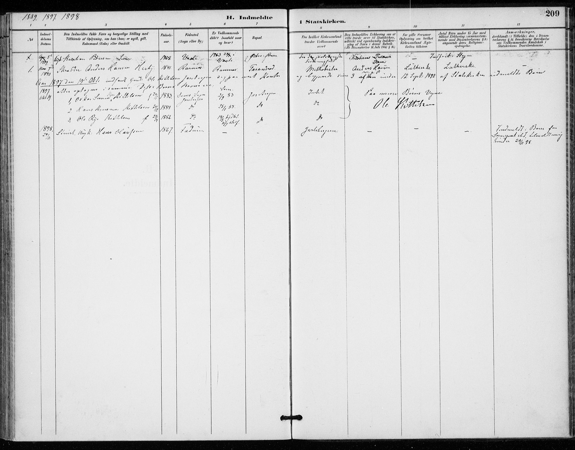 Sem kirkebøker, AV/SAKO-A-5/F/Fa/L0011: Parish register (official) no. I 11, 1888-1904, p. 209