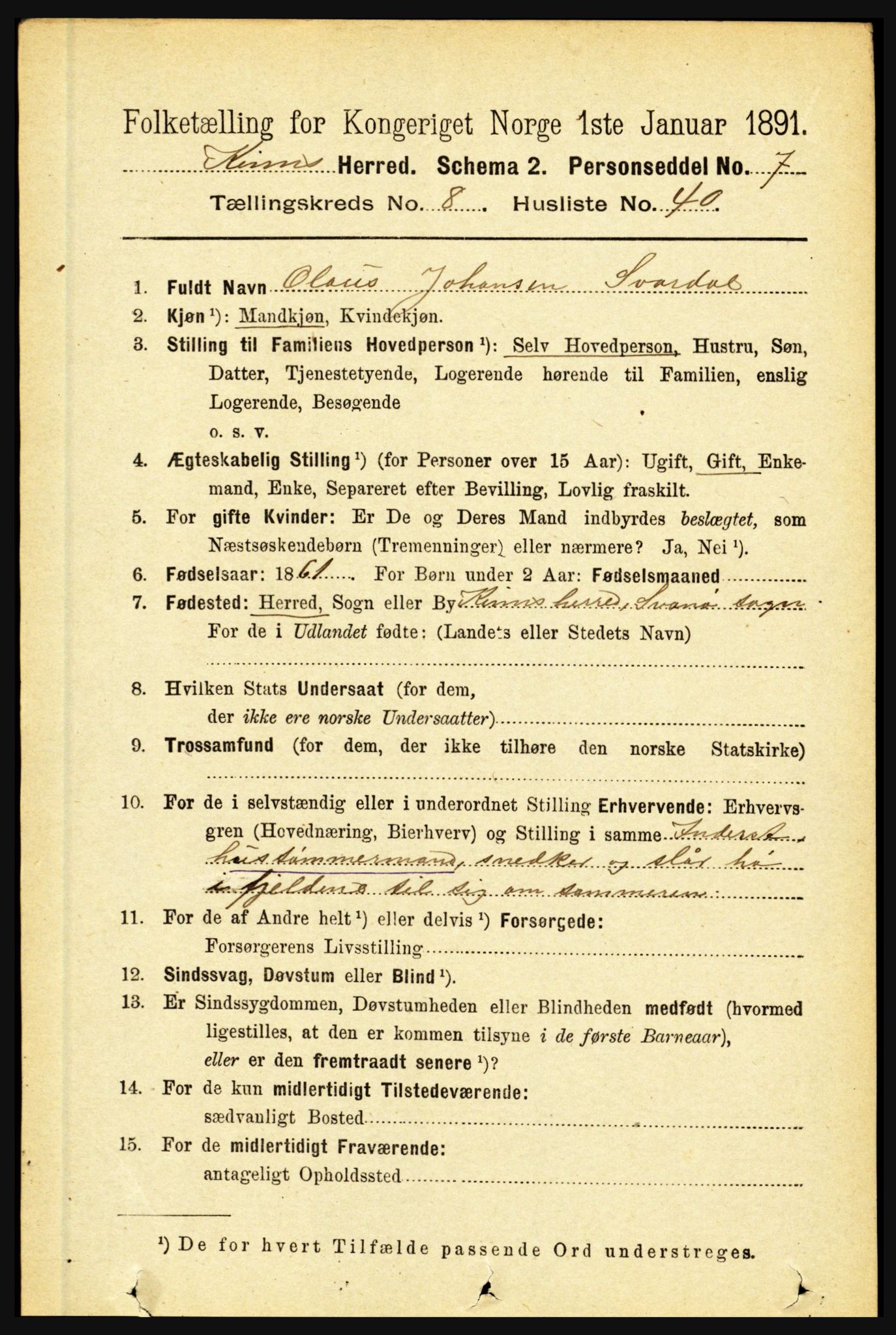 RA, 1891 census for 1437 Kinn, 1891, p. 3365