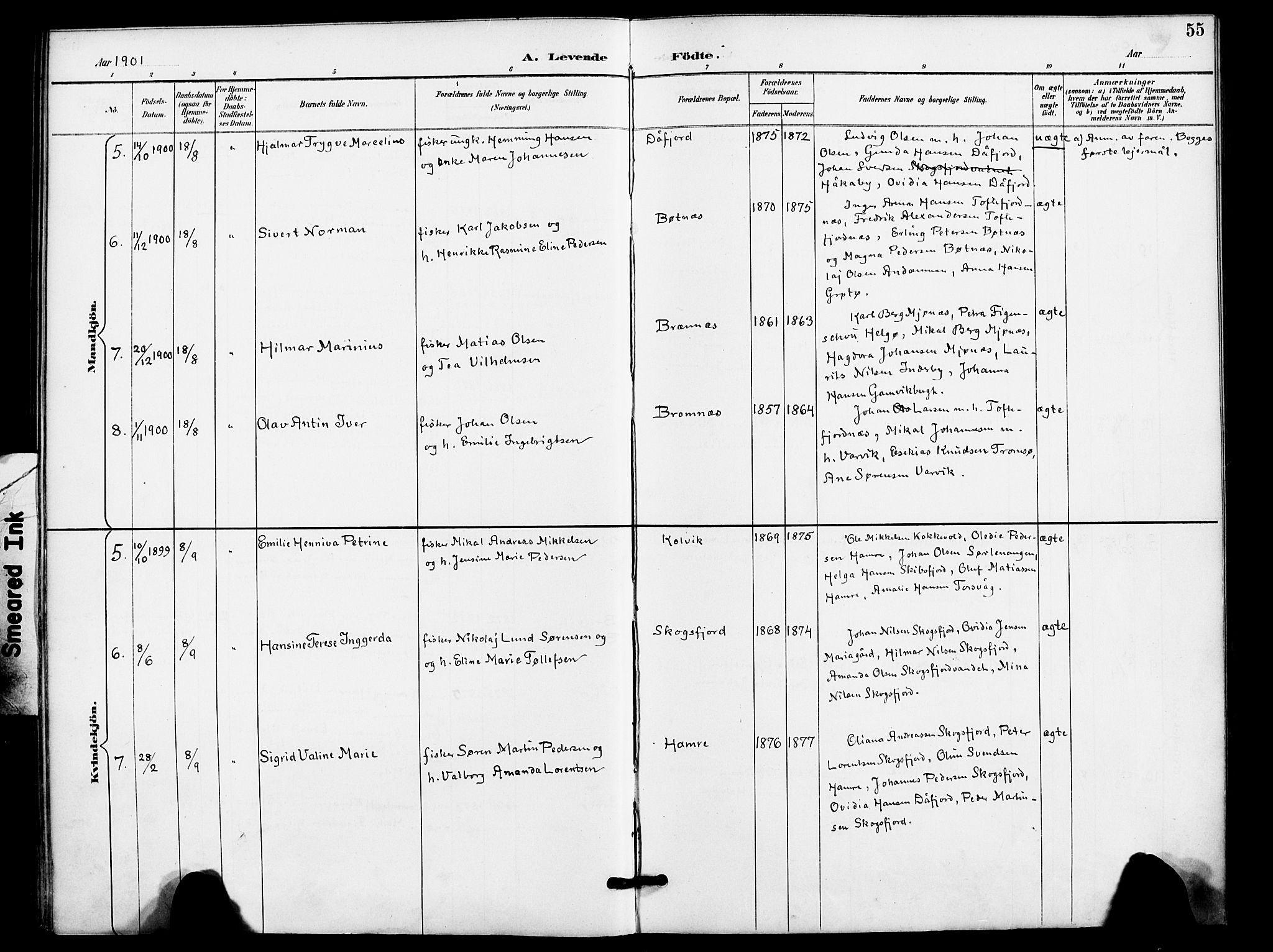 Karlsøy sokneprestembete, AV/SATØ-S-1299/H/Ha/Haa/L0012kirke: Parish register (official) no. 12, 1892-1902, p. 55