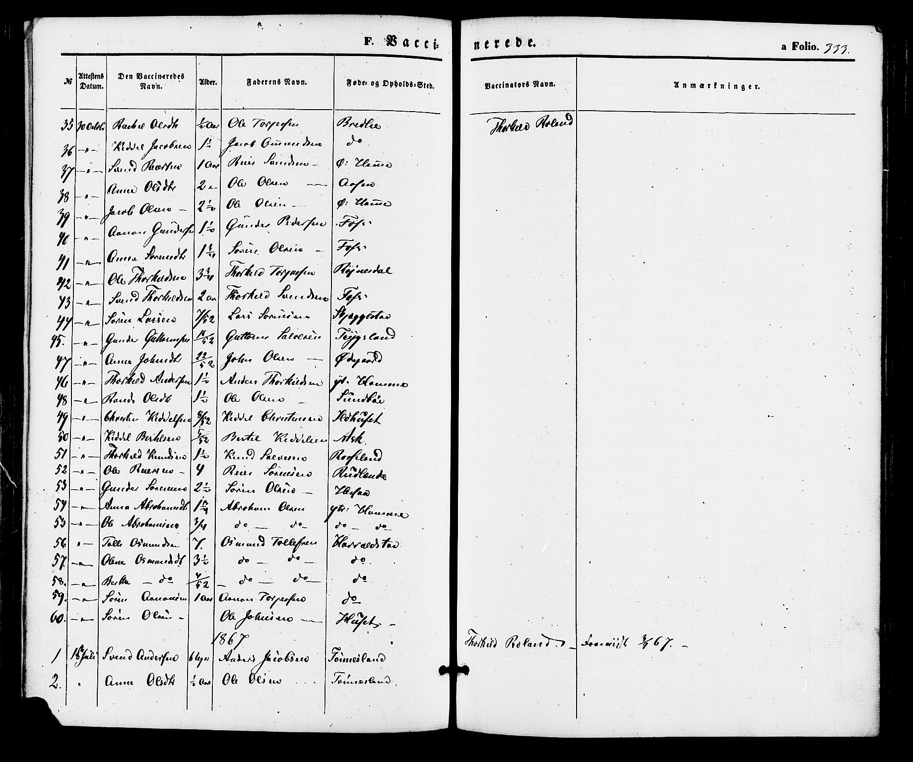 Bjelland sokneprestkontor, SAK/1111-0005/F/Fa/Faa/L0003: Parish register (official) no. A 3, 1867-1887, p. 333