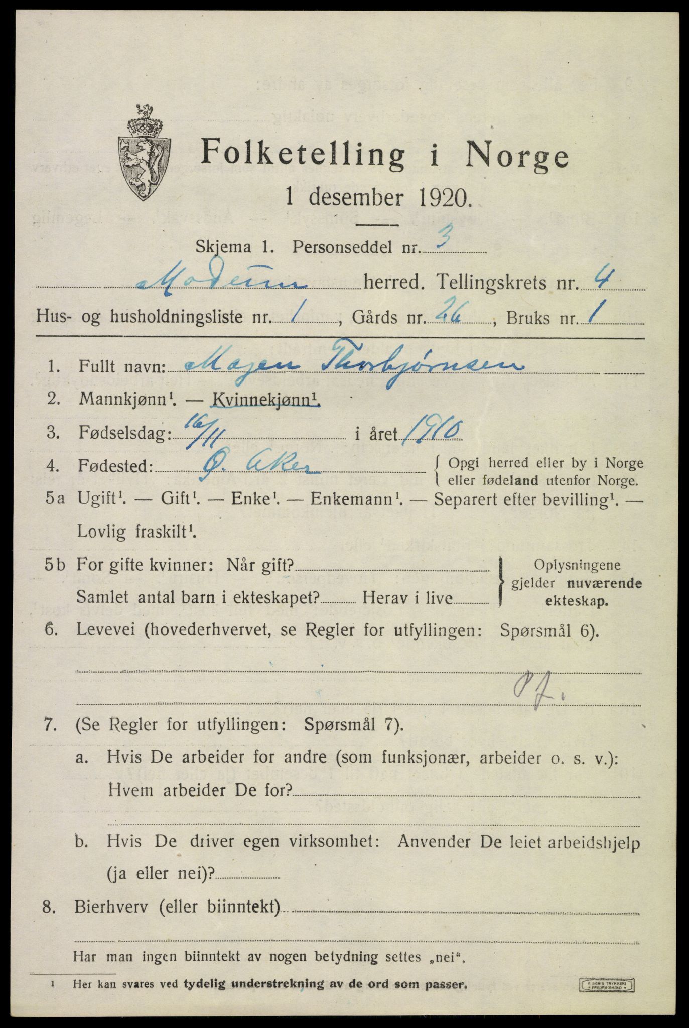 SAKO, 1920 census for Modum, 1920, p. 5289