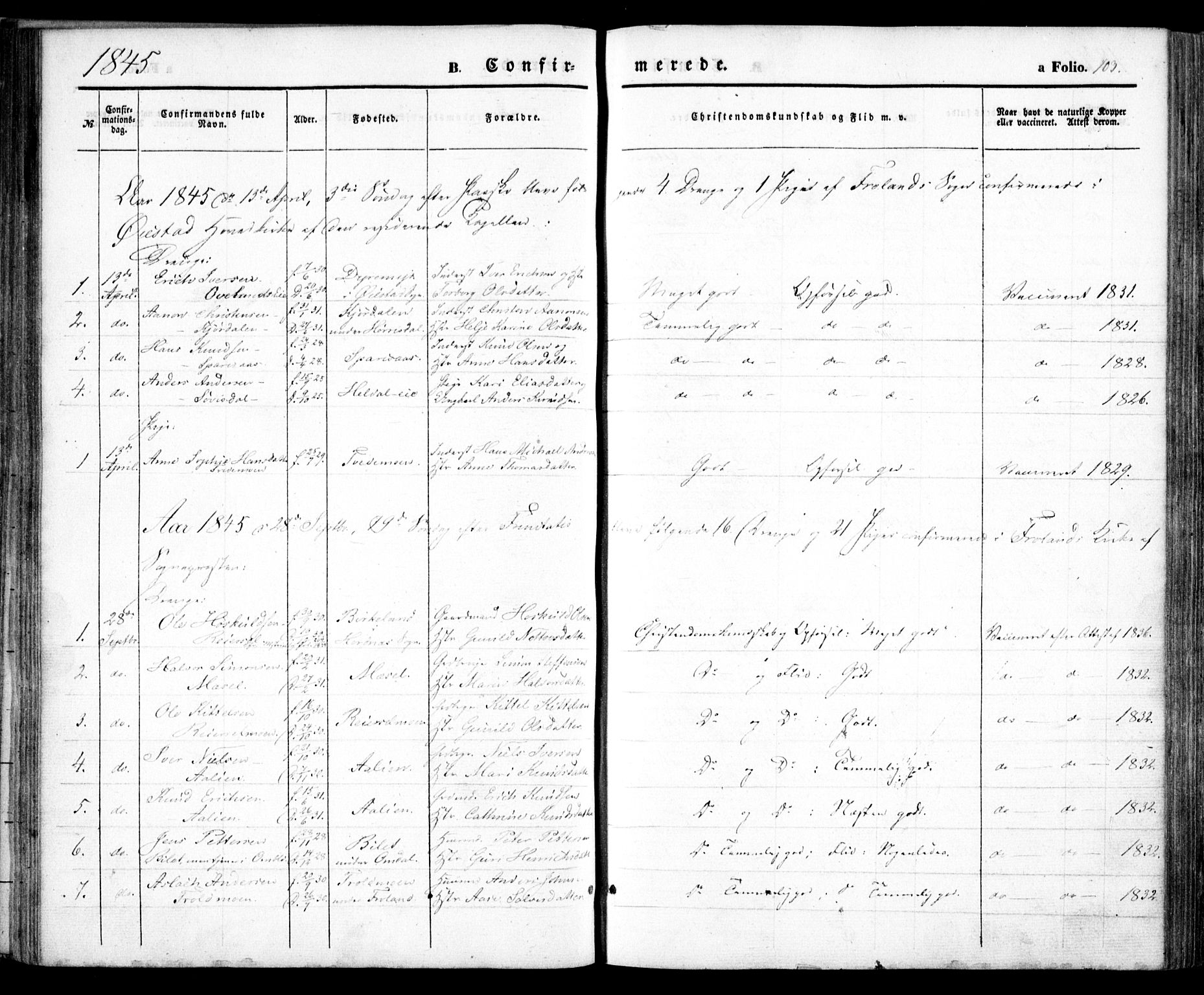 Froland sokneprestkontor, SAK/1111-0013/F/Fa/L0002: Parish register (official) no. A 2, 1845-1863, p. 103