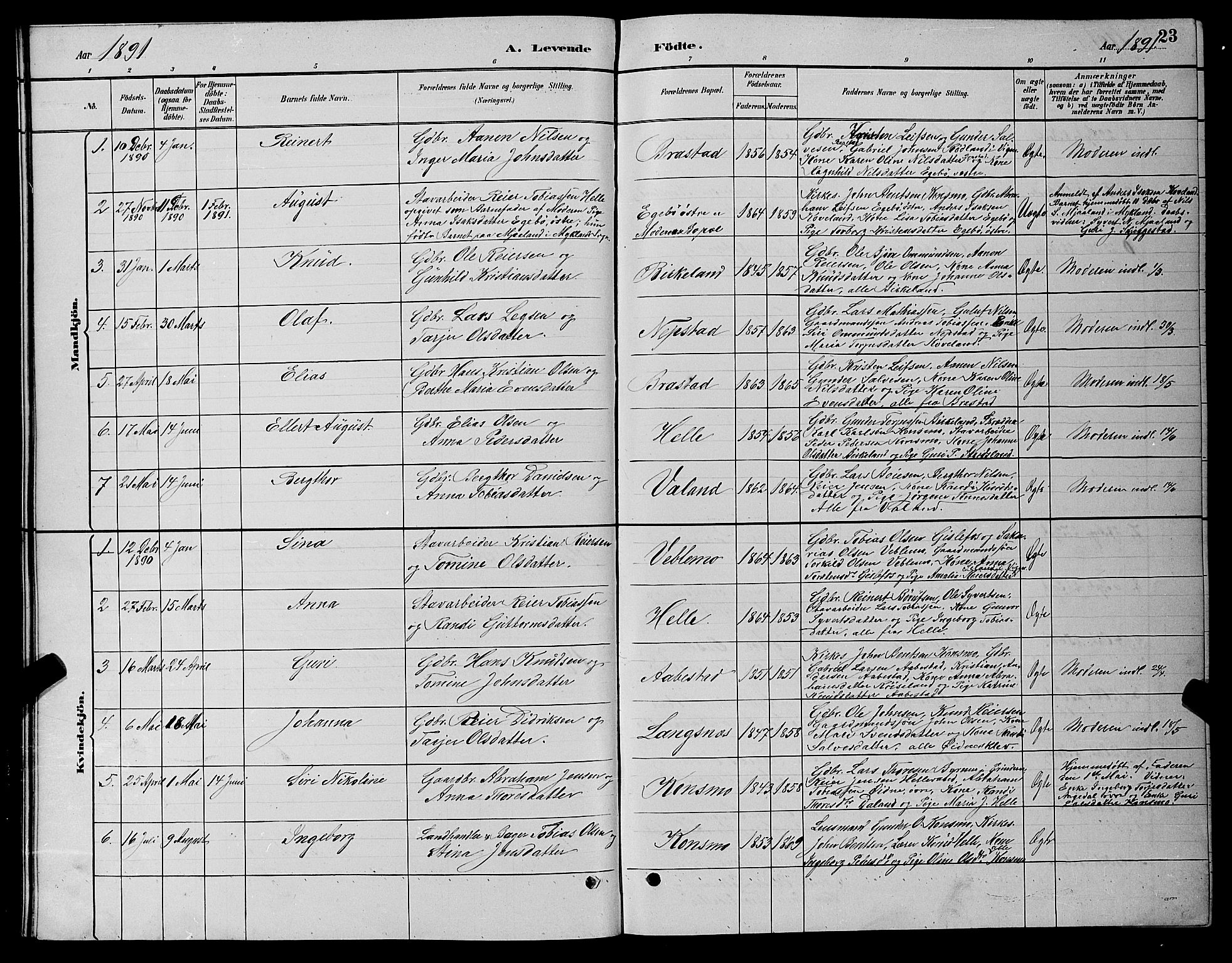 Nord-Audnedal sokneprestkontor, SAK/1111-0032/F/Fb/Fba/L0003: Parish register (copy) no. B 3, 1881-1900, p. 23