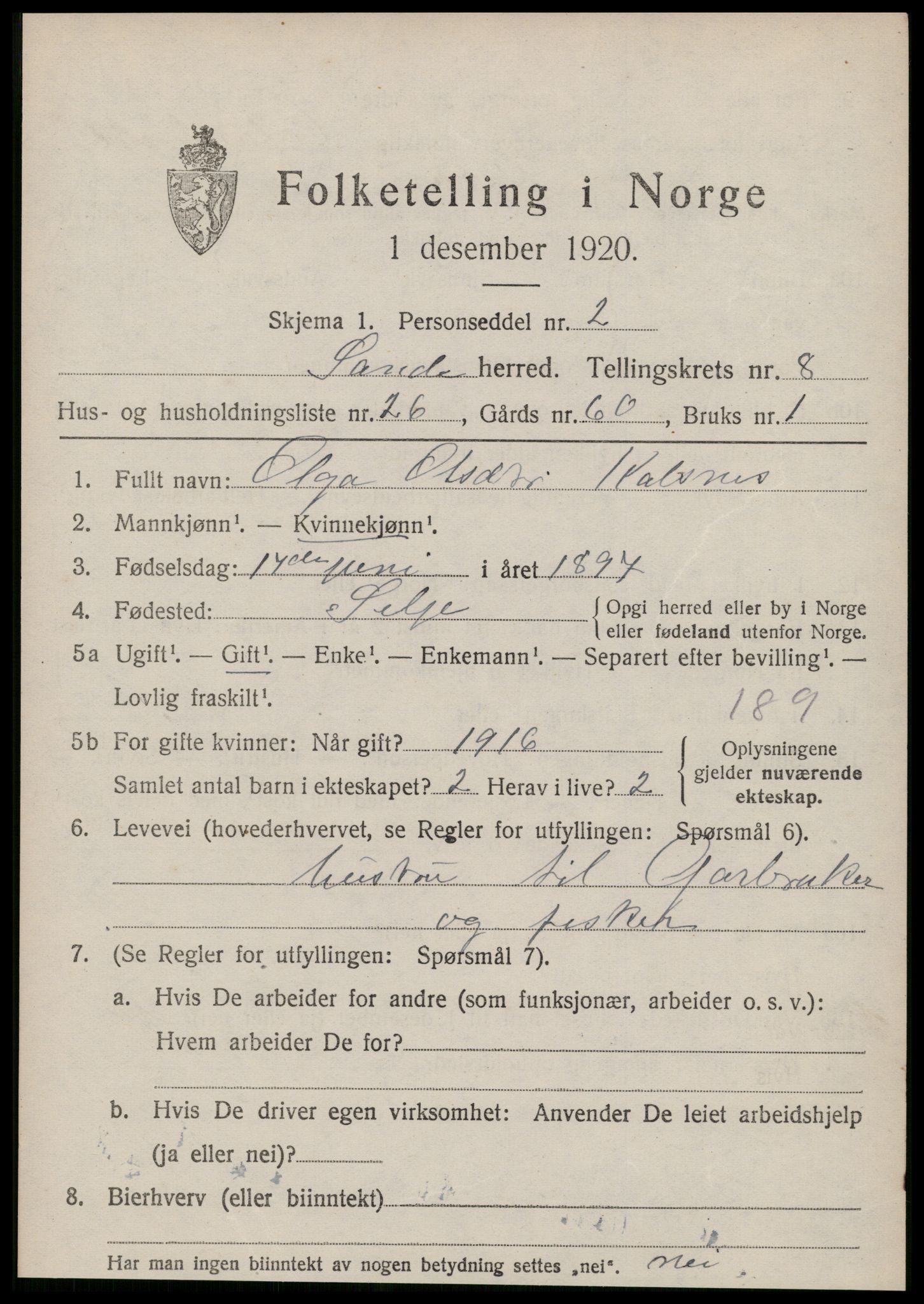 SAT, 1920 census for Sande (MR), 1920, p. 5084