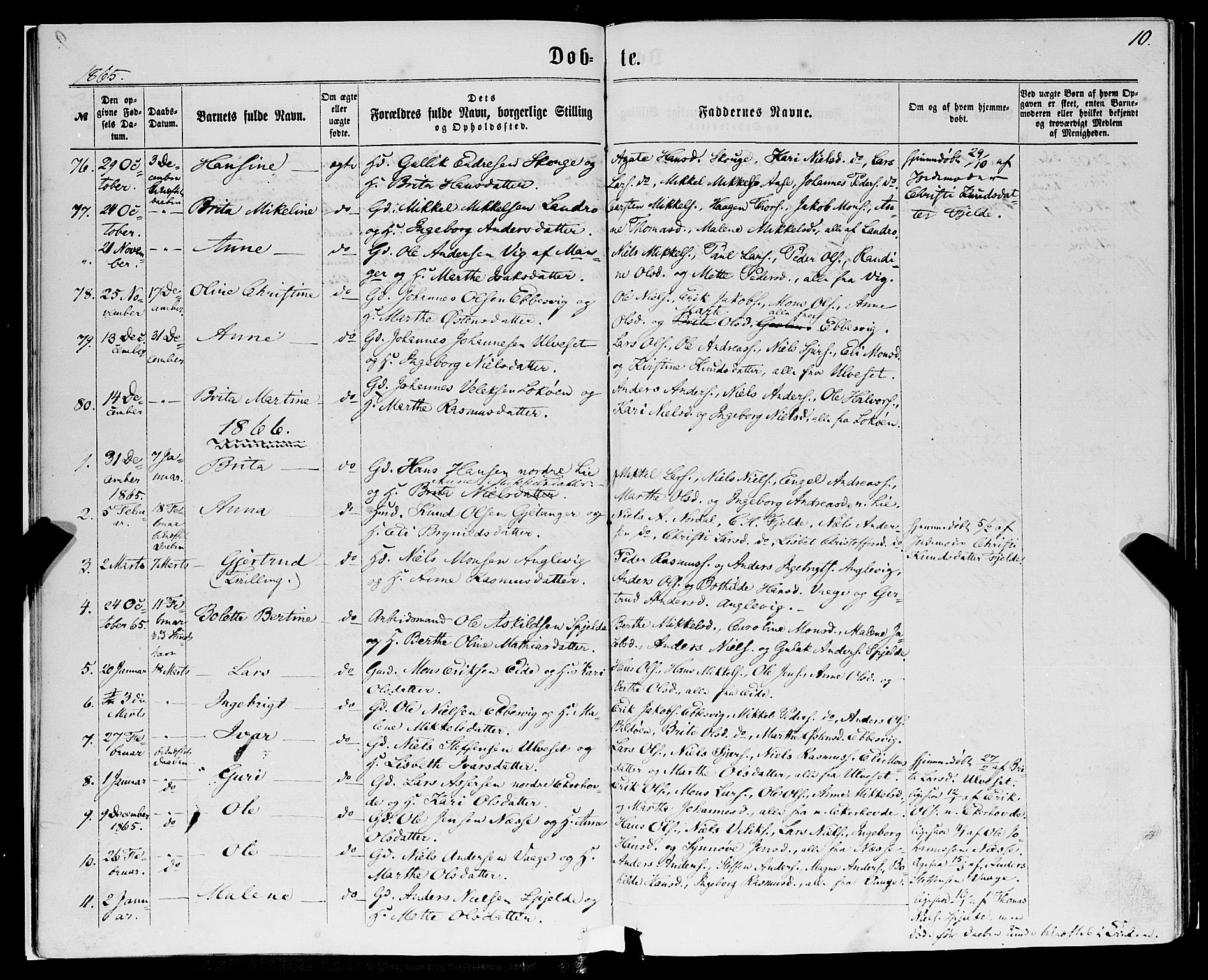 Fjell sokneprestembete, AV/SAB-A-75301/H/Haa: Parish register (official) no. A 3, 1864-1877, p. 10