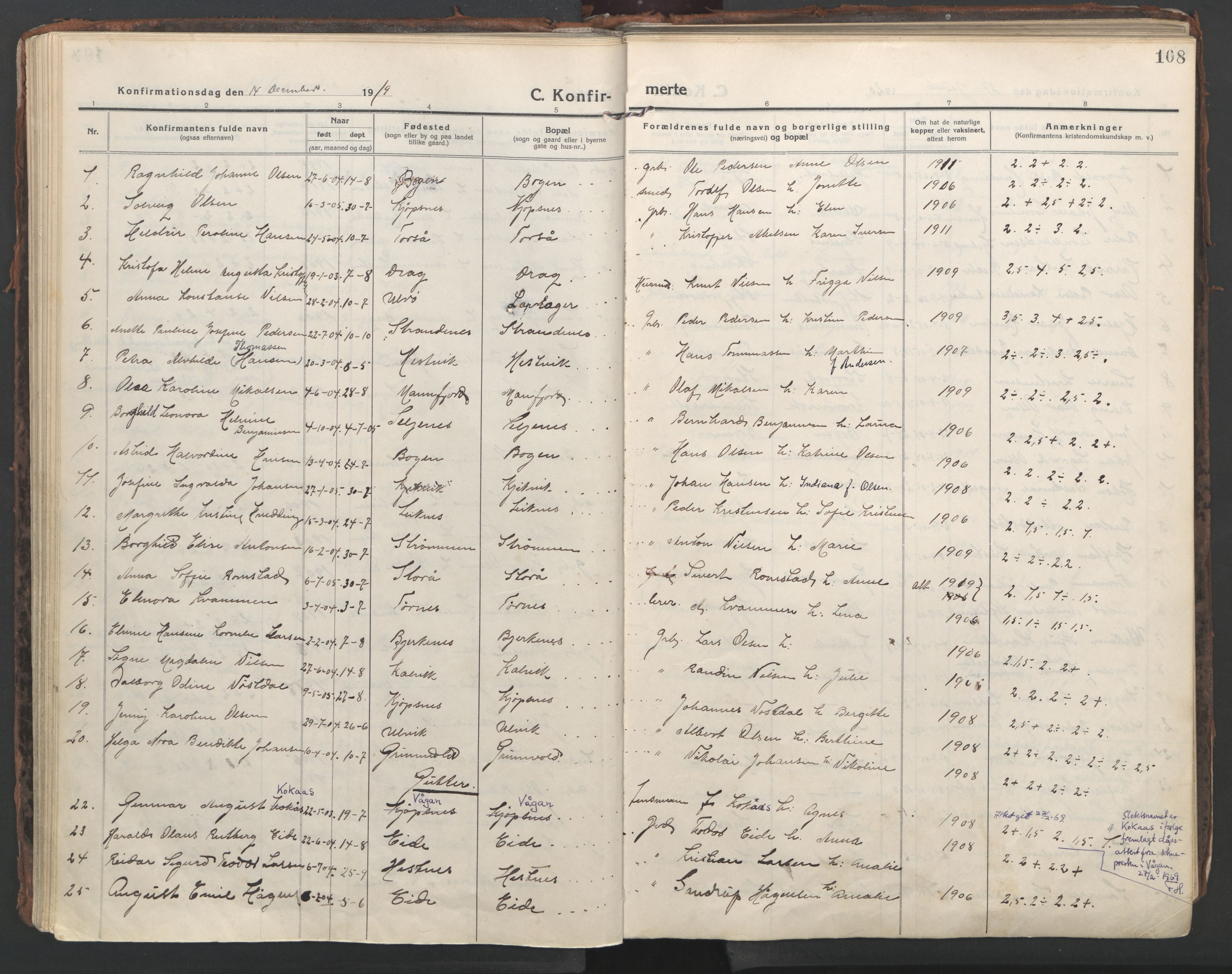 Ministerialprotokoller, klokkerbøker og fødselsregistre - Nordland, SAT/A-1459/861/L0872: Parish register (official) no. 861A07, 1915-1924, p. 108