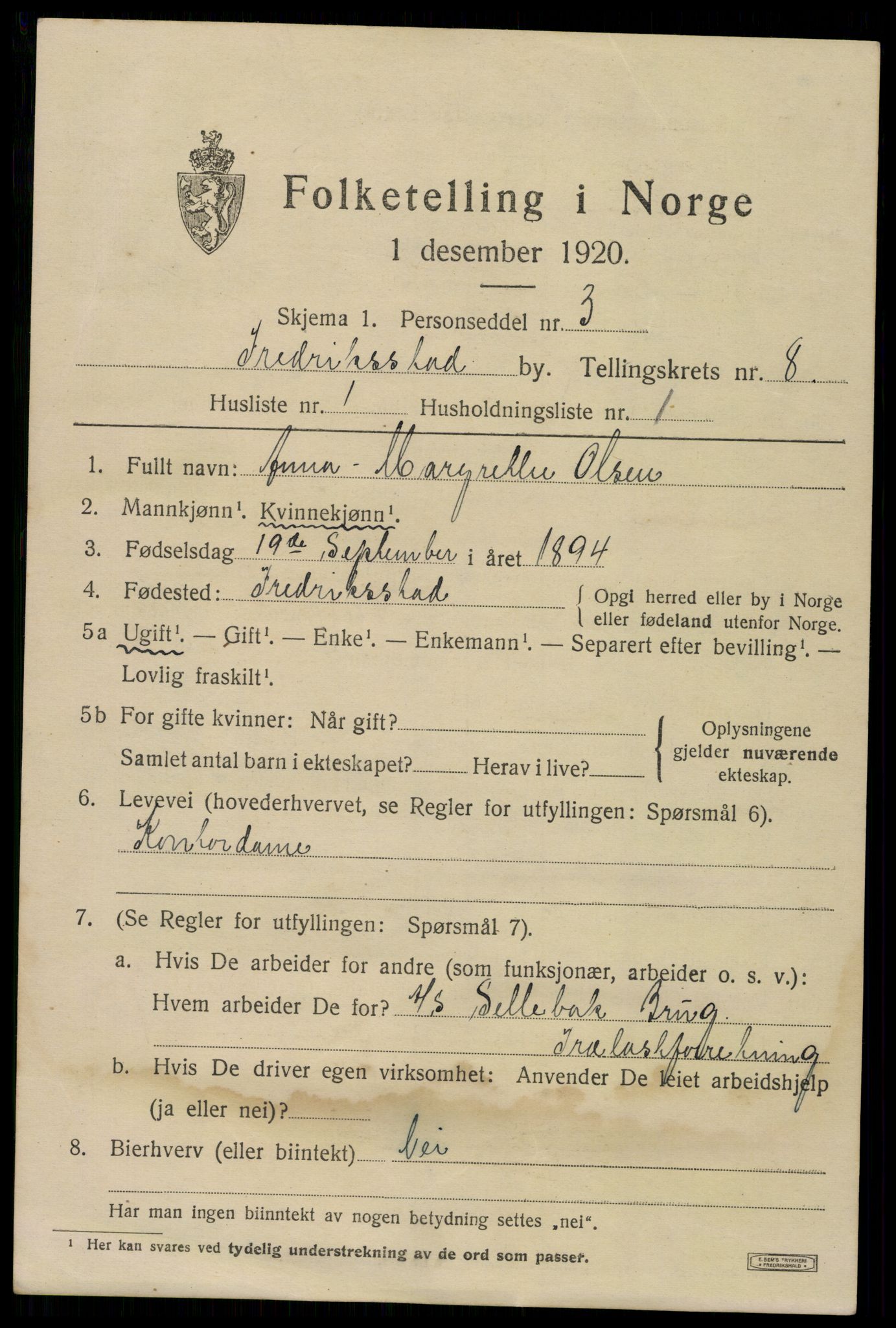 SAO, 1920 census for Fredrikstad, 1920, p. 23533