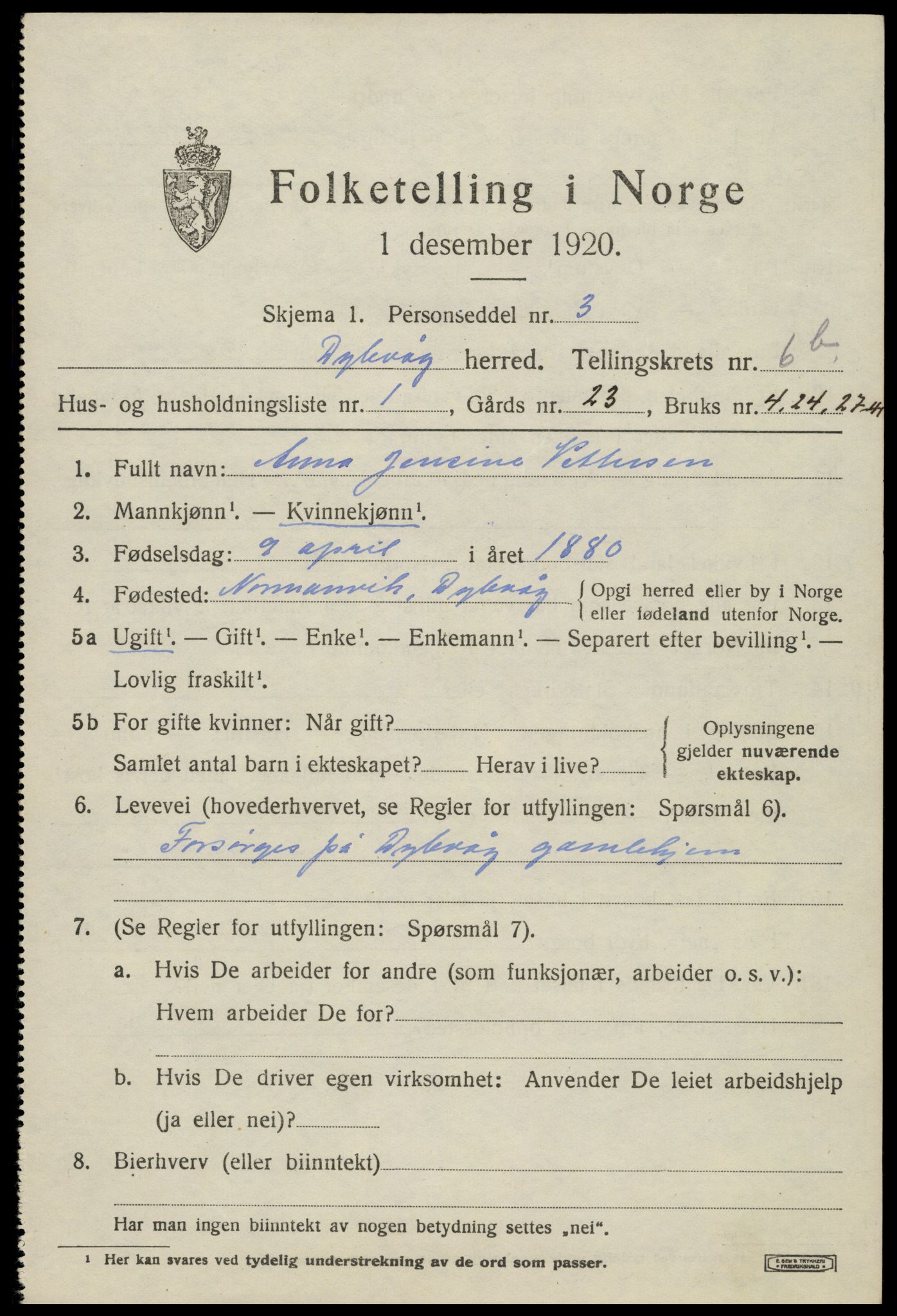 SAK, 1920 census for Dypvåg, 1920, p. 5413