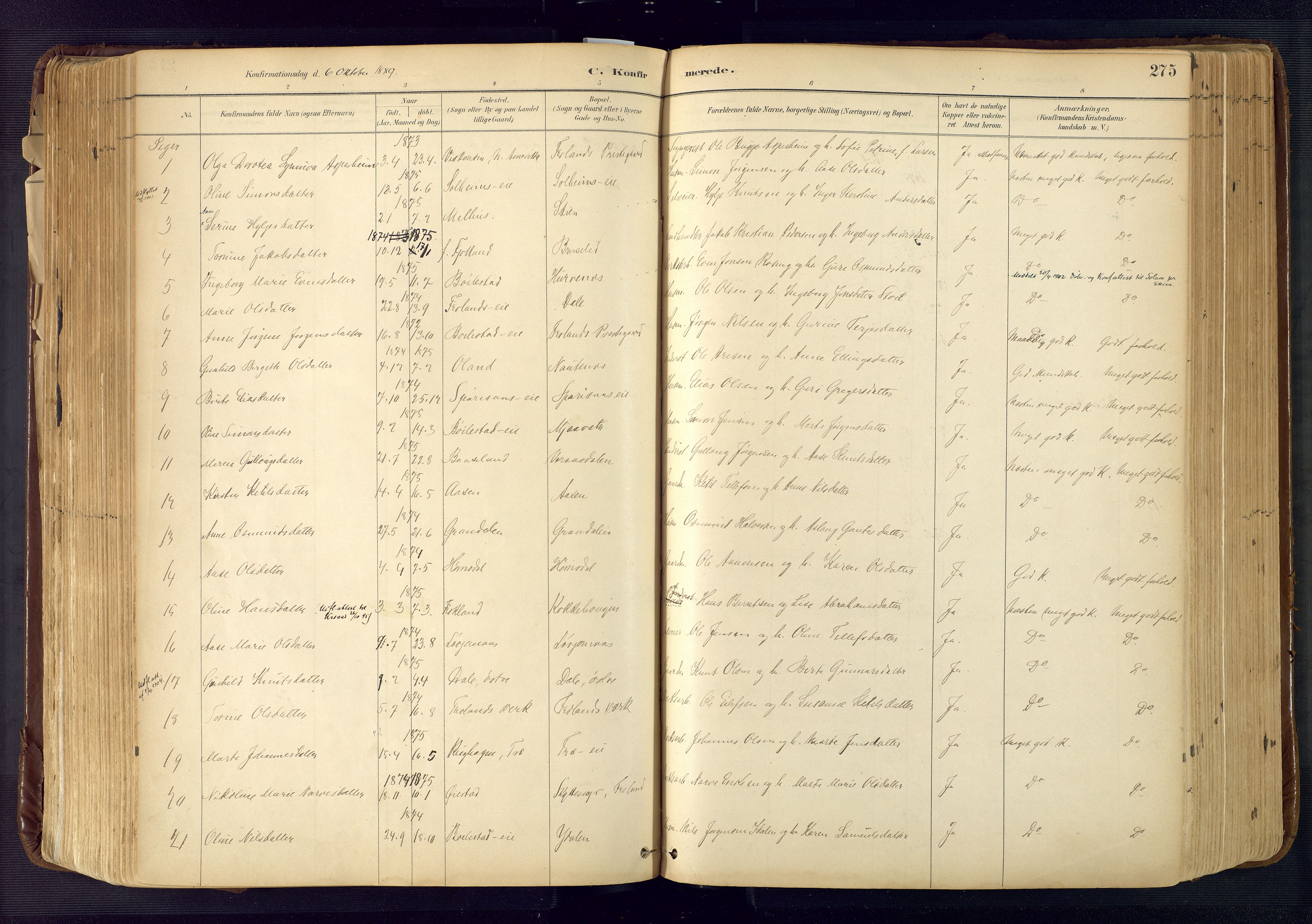 Froland sokneprestkontor, SAK/1111-0013/F/Fa/L0005: Parish register (official) no. A 5, 1882-1921, p. 275