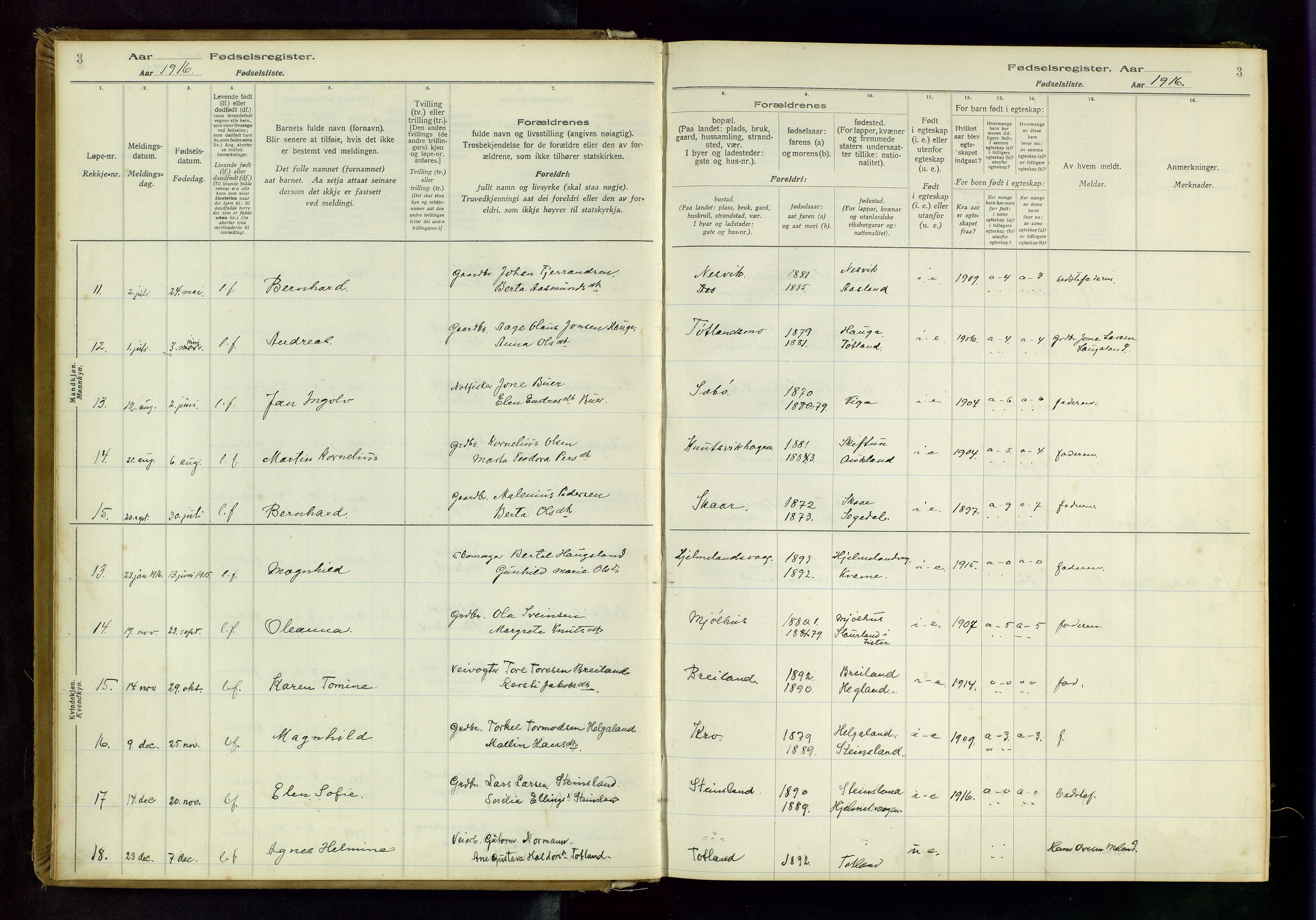 Hjelmeland sokneprestkontor, AV/SAST-A-101843/02/B/L0001: Birth register no. 1, 1916-1963, p. 3