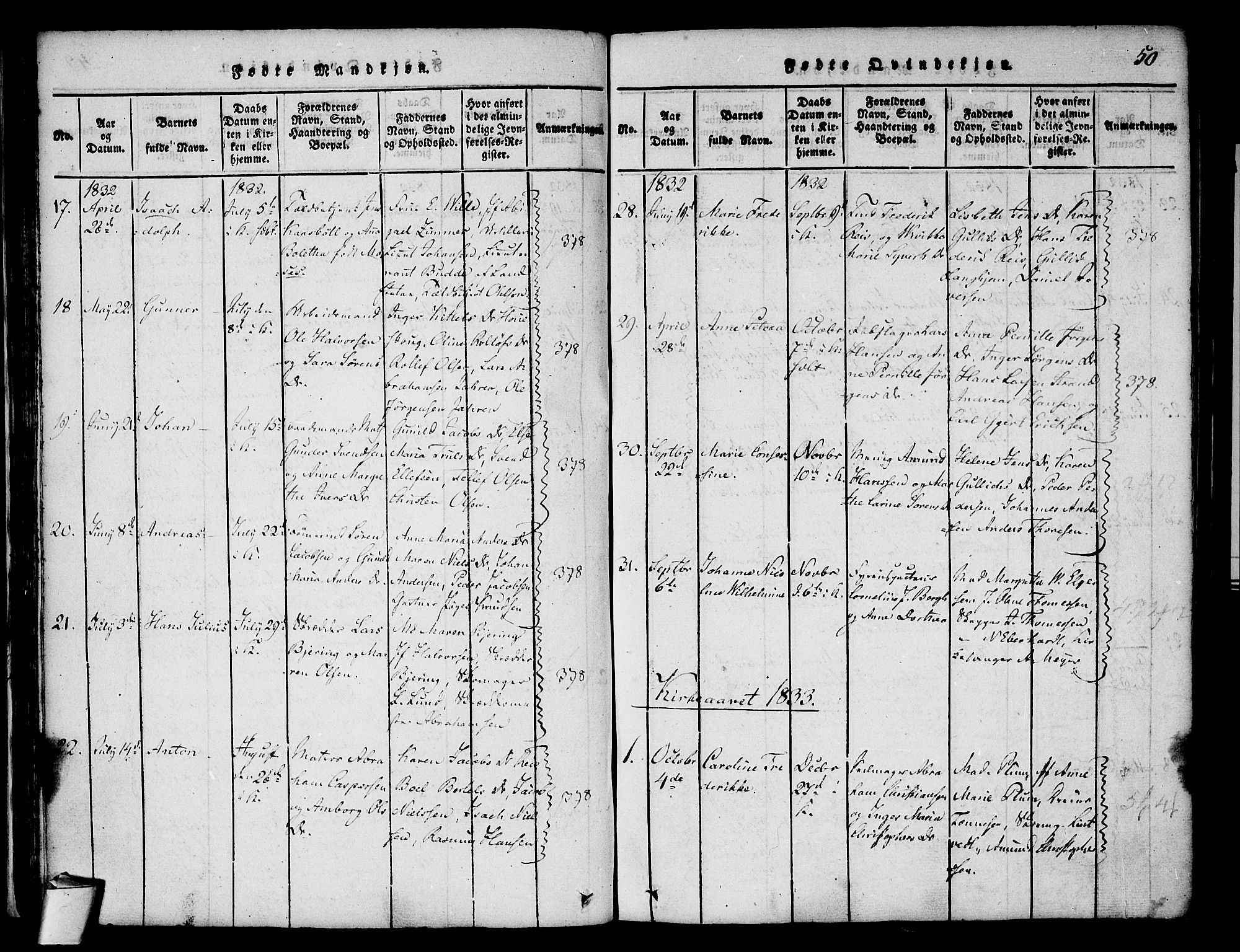 Stavern kirkebøker, SAKO/A-318/F/Fa/L0006: Parish register (official) no. 6, 1816-1839, p. 50
