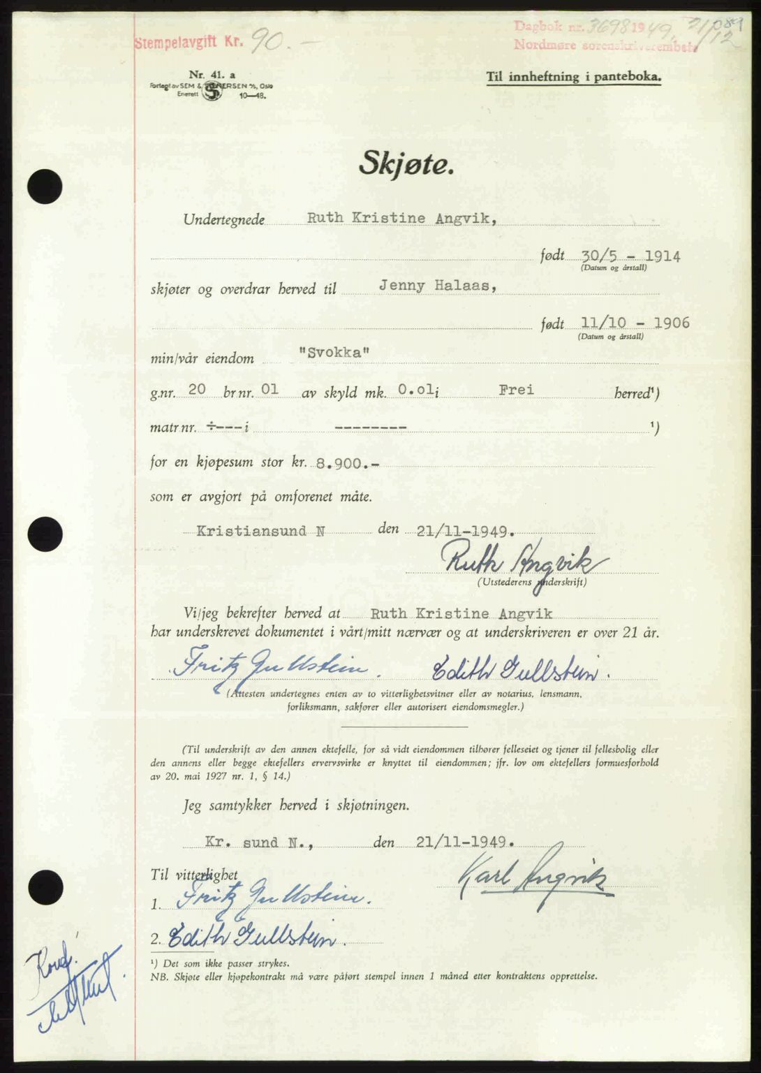 Nordmøre sorenskriveri, AV/SAT-A-4132/1/2/2Ca: Mortgage book no. A113, 1949-1950, Diary no: : 3698/1949