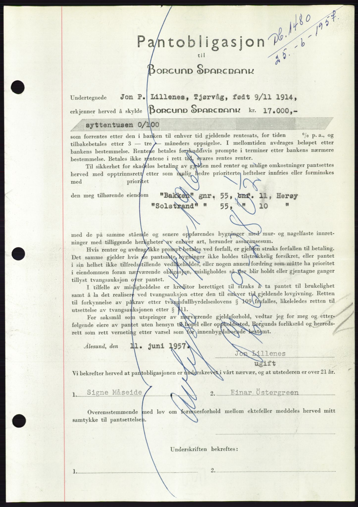 Søre Sunnmøre sorenskriveri, AV/SAT-A-4122/1/2/2C/L0130: Mortgage book no. 18B, 1957-1958, Diary no: : 1480/1957