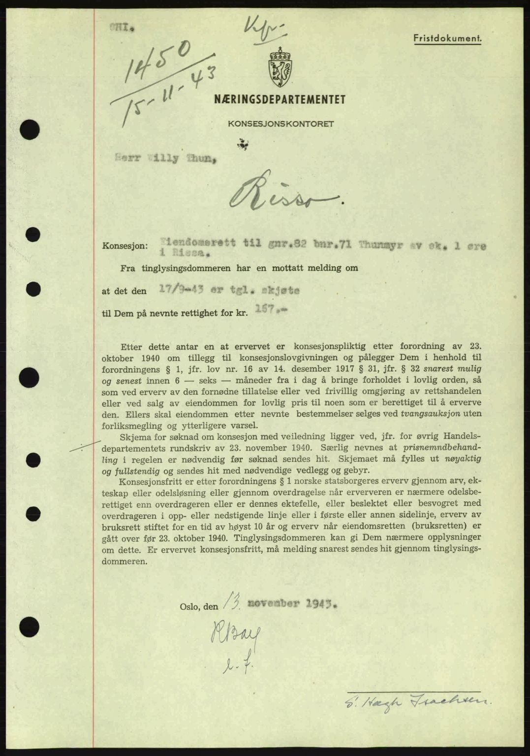 Fosen sorenskriveri, AV/SAT-A-1107/1/2/2C: Mortgage book no. B1, 1943-1945, Diary no: : 1450/1943