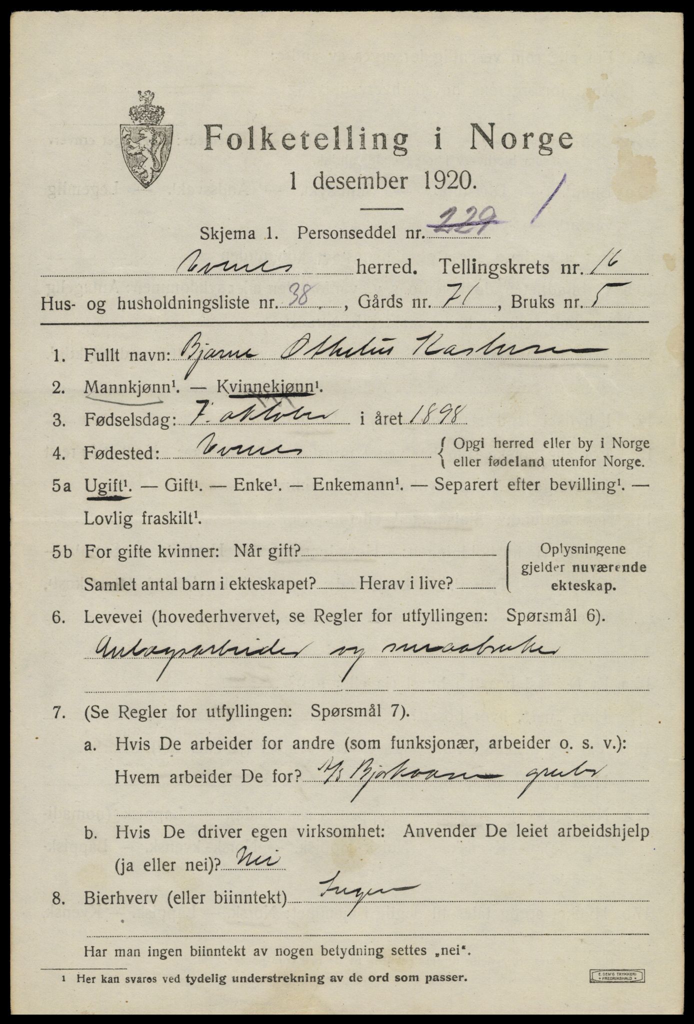 SAT, 1920 census for Evenes, 1920, p. 13640