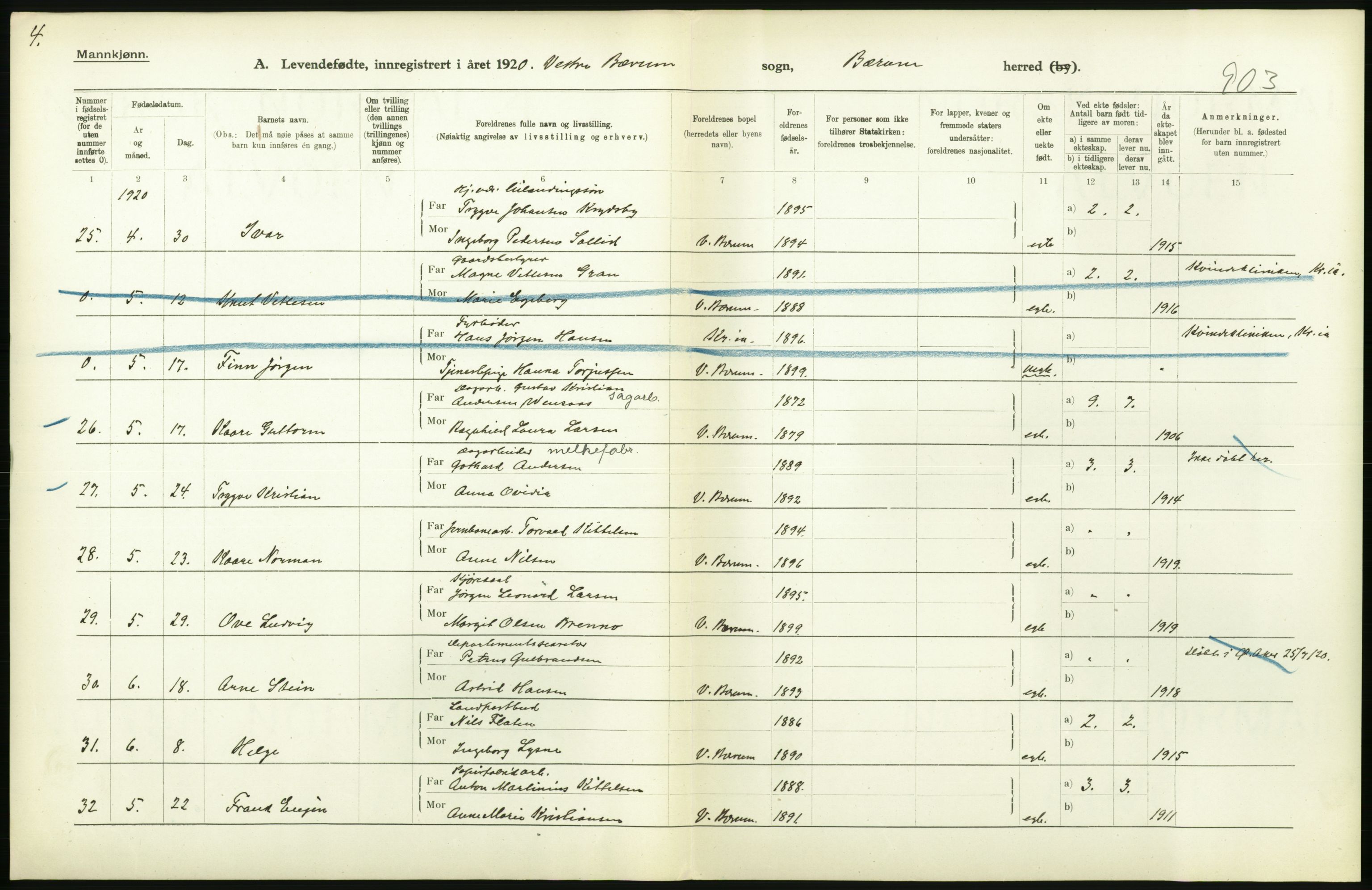 Statistisk sentralbyrå, Sosiodemografiske emner, Befolkning, AV/RA-S-2228/D/Df/Dfb/Dfbj/L0004: Akershus fylke: Levendefødte menn og kvinner. Bygder., 1920, p. 370