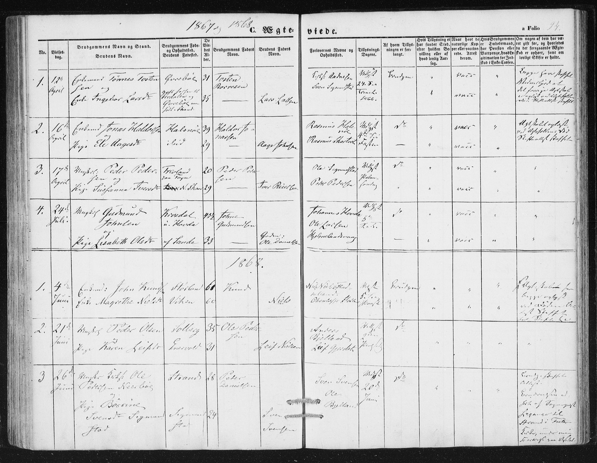 Hjelmeland sokneprestkontor, AV/SAST-A-101843/01/IV/L0010: Parish register (official) no. A 10, 1851-1871, p. 94