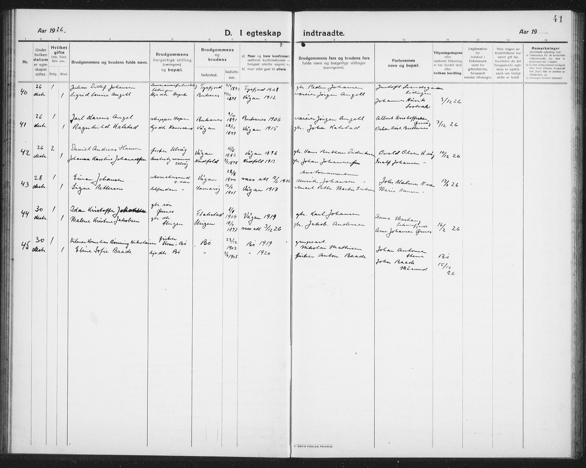 Ministerialprotokoller, klokkerbøker og fødselsregistre - Nordland, AV/SAT-A-1459/874/L1082: Parish register (copy) no. 874C11, 1920-1939, p. 41