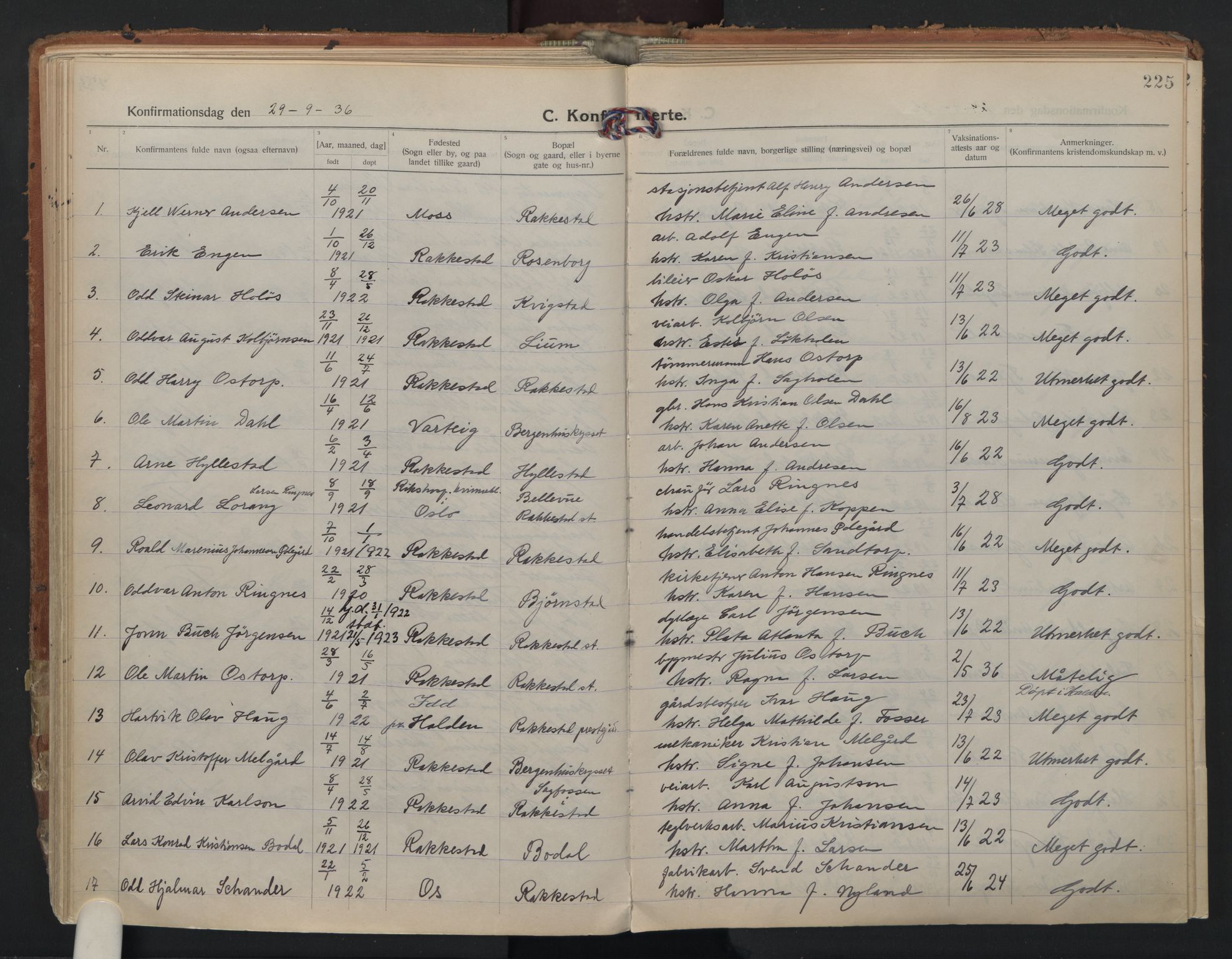 Rakkestad prestekontor Kirkebøker, AV/SAO-A-2008/F/Fa/L0016: Parish register (official) no. I 16, 1922-1943, p. 225