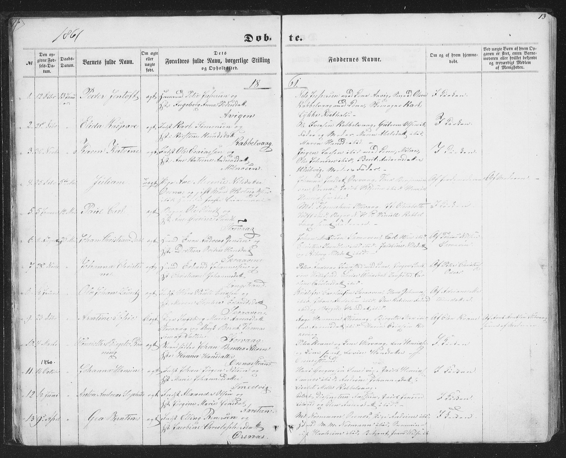 Ministerialprotokoller, klokkerbøker og fødselsregistre - Nordland, SAT/A-1459/874/L1073: Parish register (copy) no. 874C02, 1860-1870, p. 13