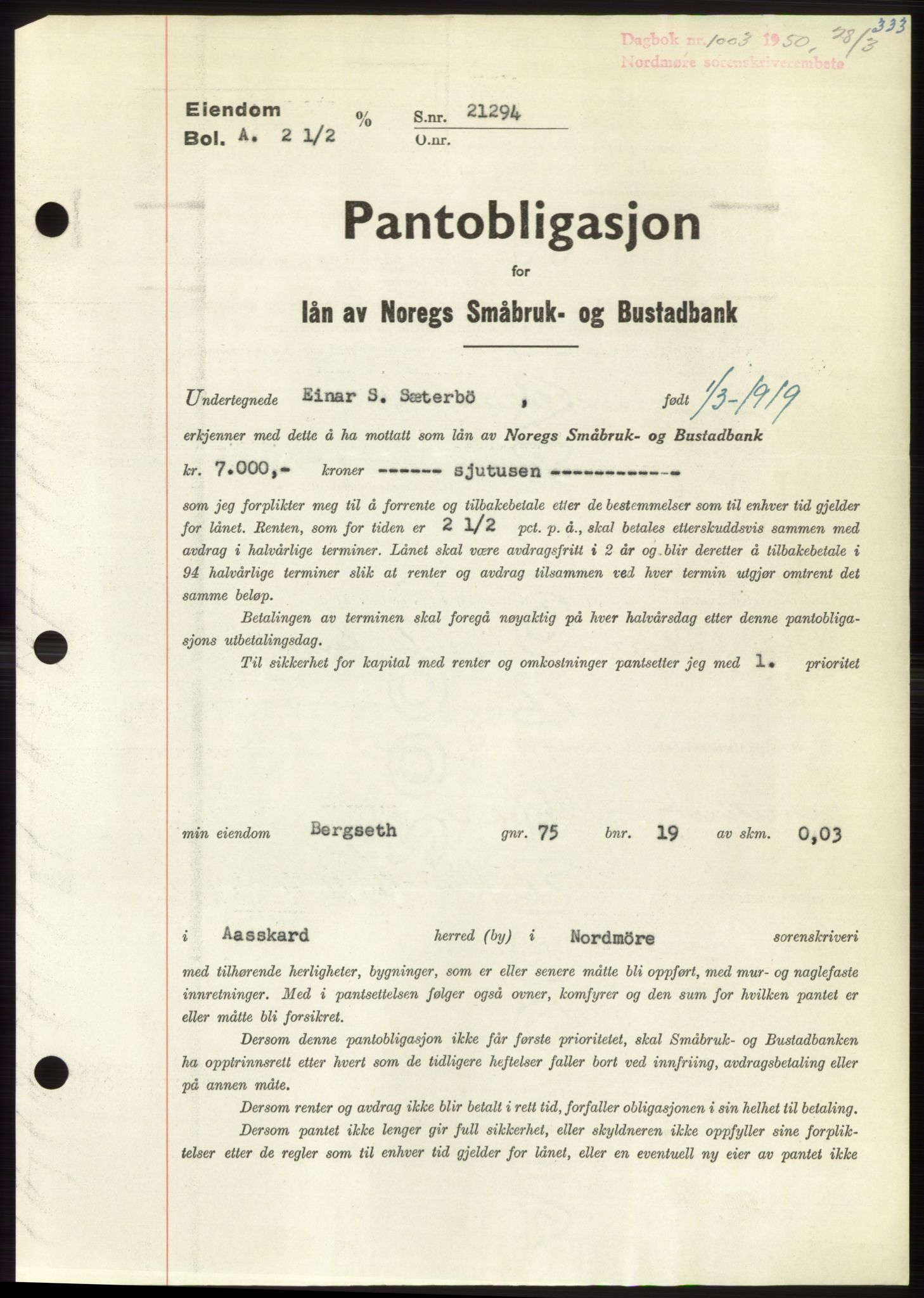 Nordmøre sorenskriveri, AV/SAT-A-4132/1/2/2Ca: Mortgage book no. B104, 1950-1950, Diary no: : 1003/1950