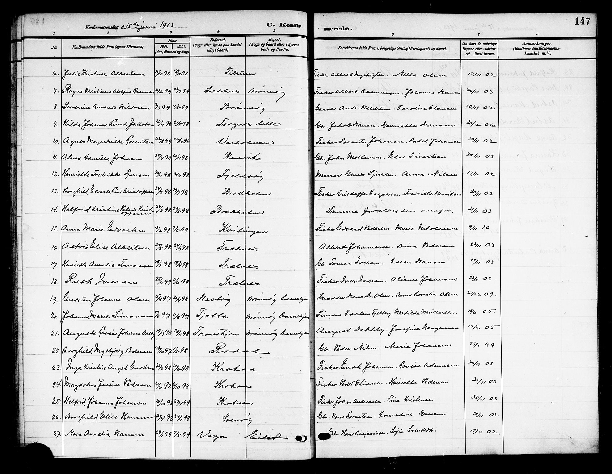 Ministerialprotokoller, klokkerbøker og fødselsregistre - Nordland, SAT/A-1459/813/L0214: Parish register (copy) no. 813C06, 1904-1917, p. 147
