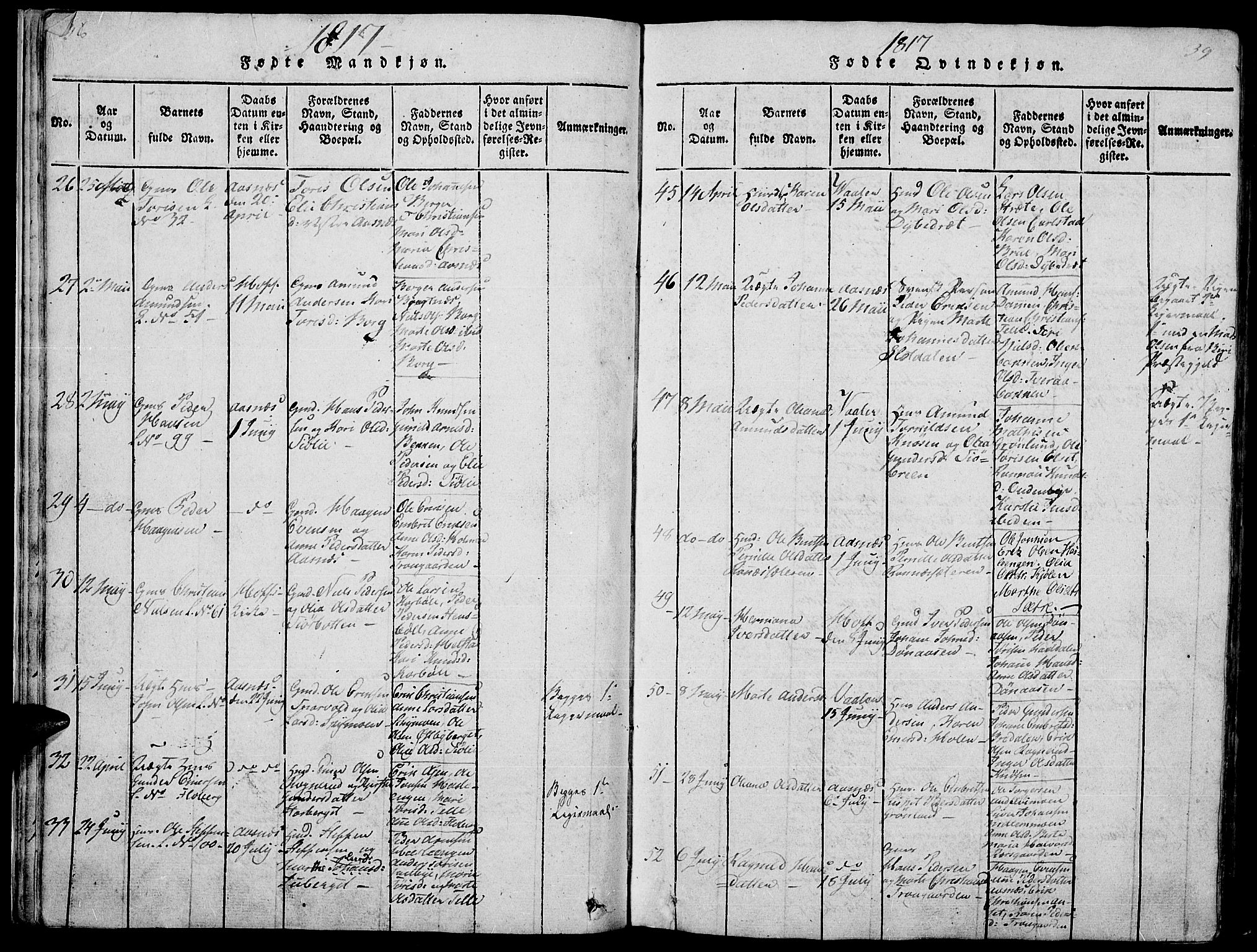 Hof prestekontor, SAH/PREST-038/H/Ha/Haa/L0005: Parish register (official) no. 5, 1816-1822, p. 38-39