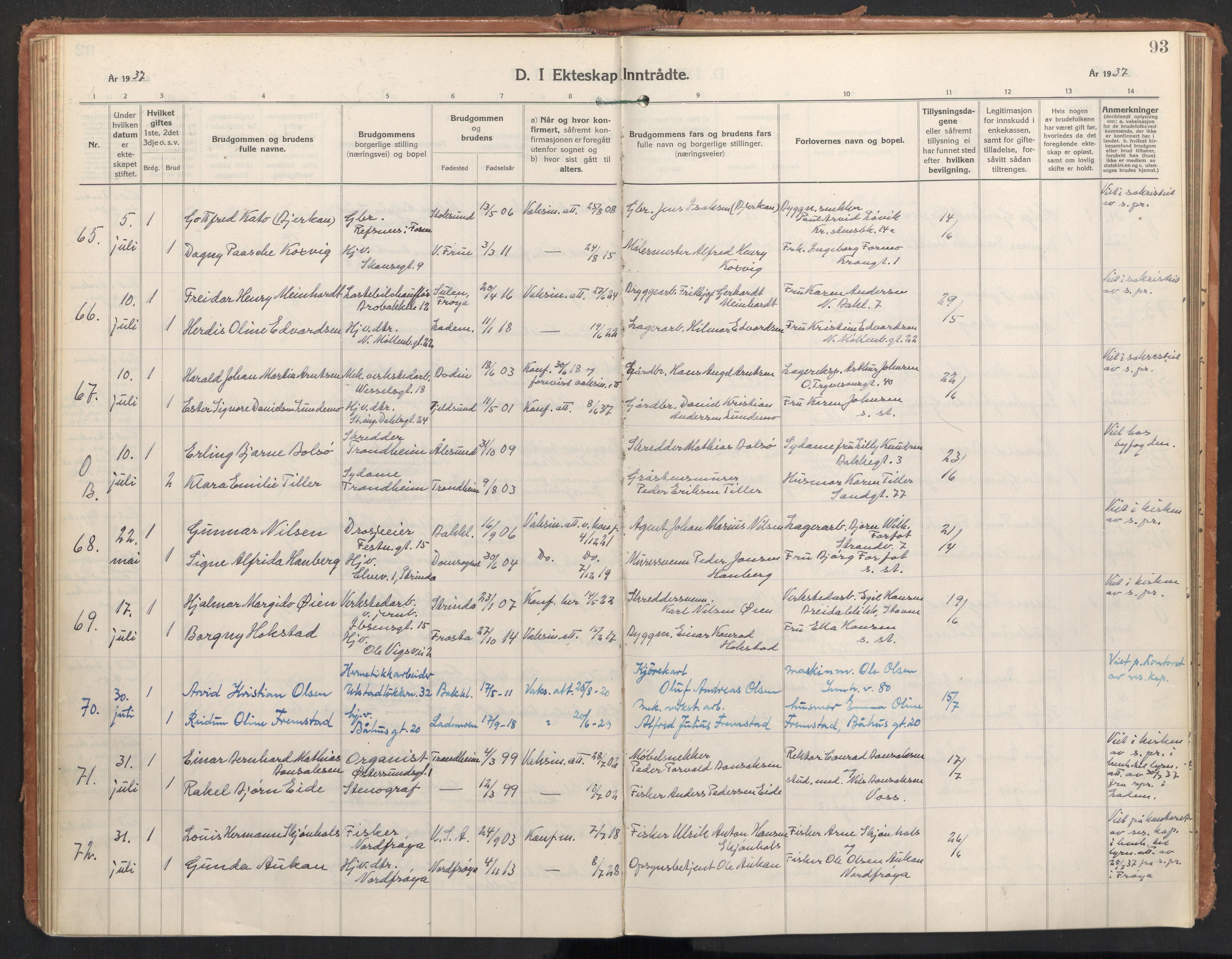 Ministerialprotokoller, klokkerbøker og fødselsregistre - Sør-Trøndelag, AV/SAT-A-1456/604/L0209: Parish register (official) no. 604A29, 1931-1945, p. 93