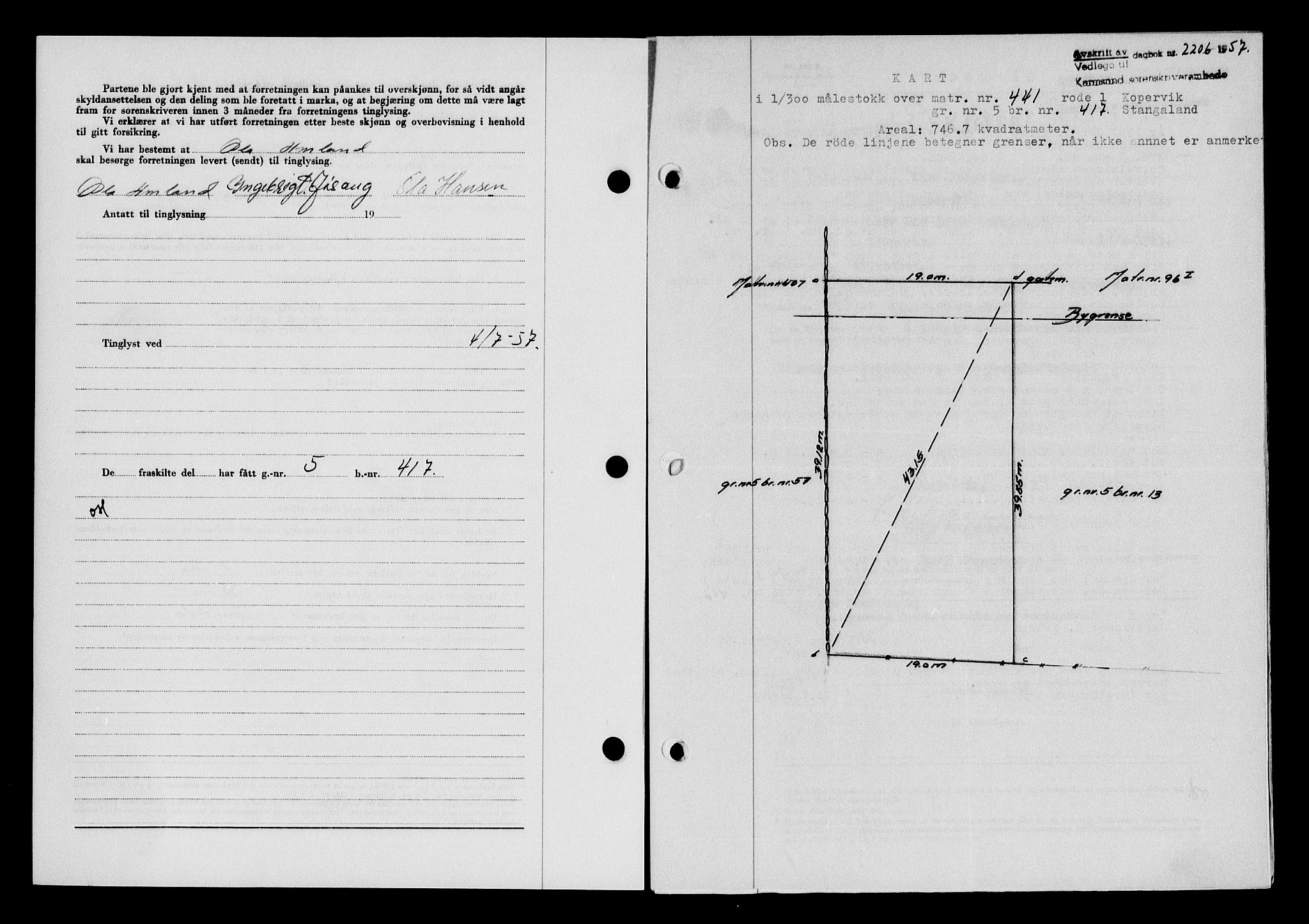 Karmsund sorenskriveri, AV/SAST-A-100311/01/II/IIB/L0125: Mortgage book no. 105A, 1957-1957, Diary no: : 2206/1957