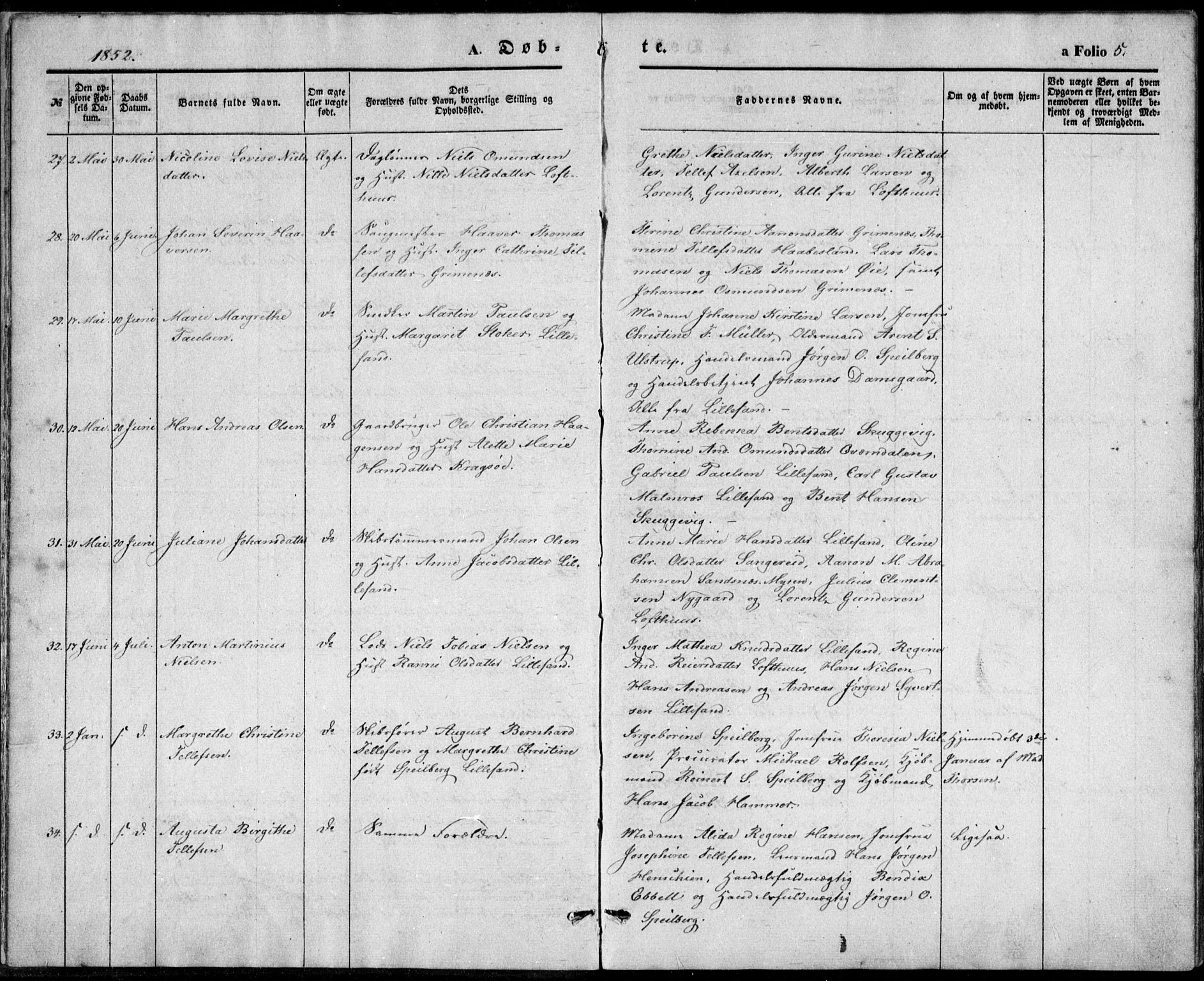 Vestre Moland sokneprestkontor, SAK/1111-0046/F/Fb/Fbb/L0003: Parish register (copy) no. B 3, 1851-1861, p. 5
