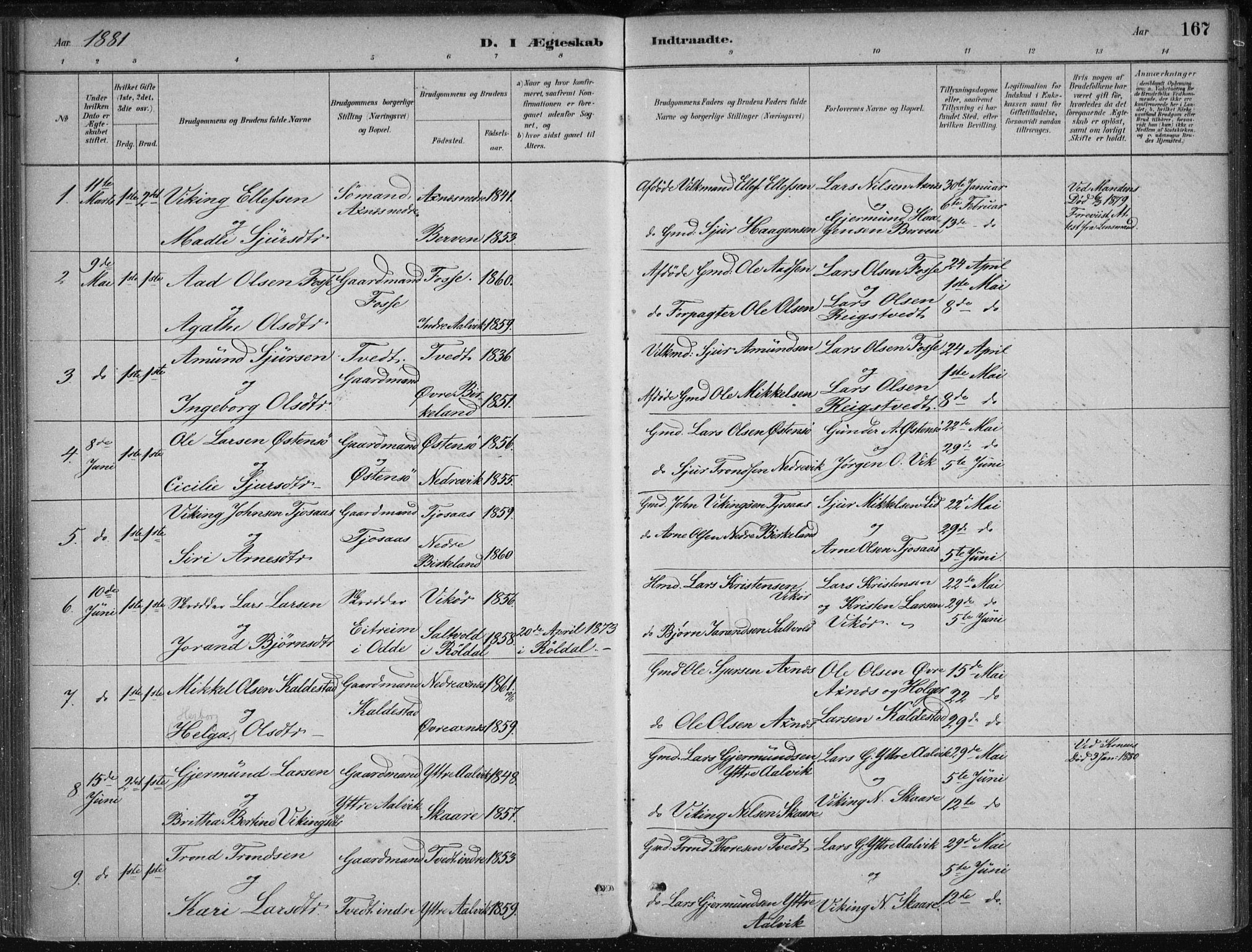 Kvam sokneprestembete, SAB/A-76201/H/Haa: Parish register (official) no. B  1, 1880-1908, p. 167