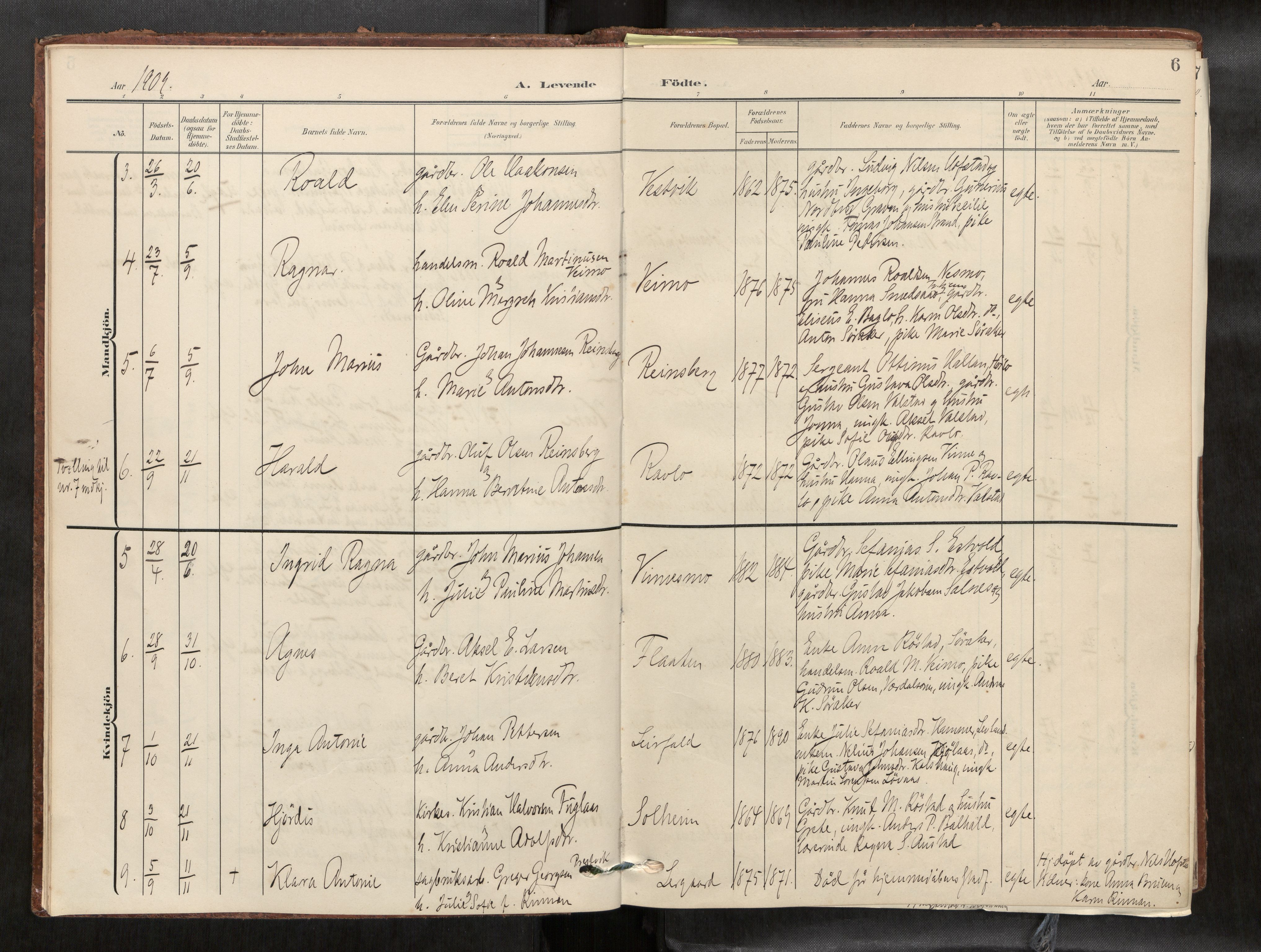 Verdal sokneprestkontor, SAT/A-1156/2/H/Haa/L0003: Parish register (official) no. 3, 1907-1921, p. 6