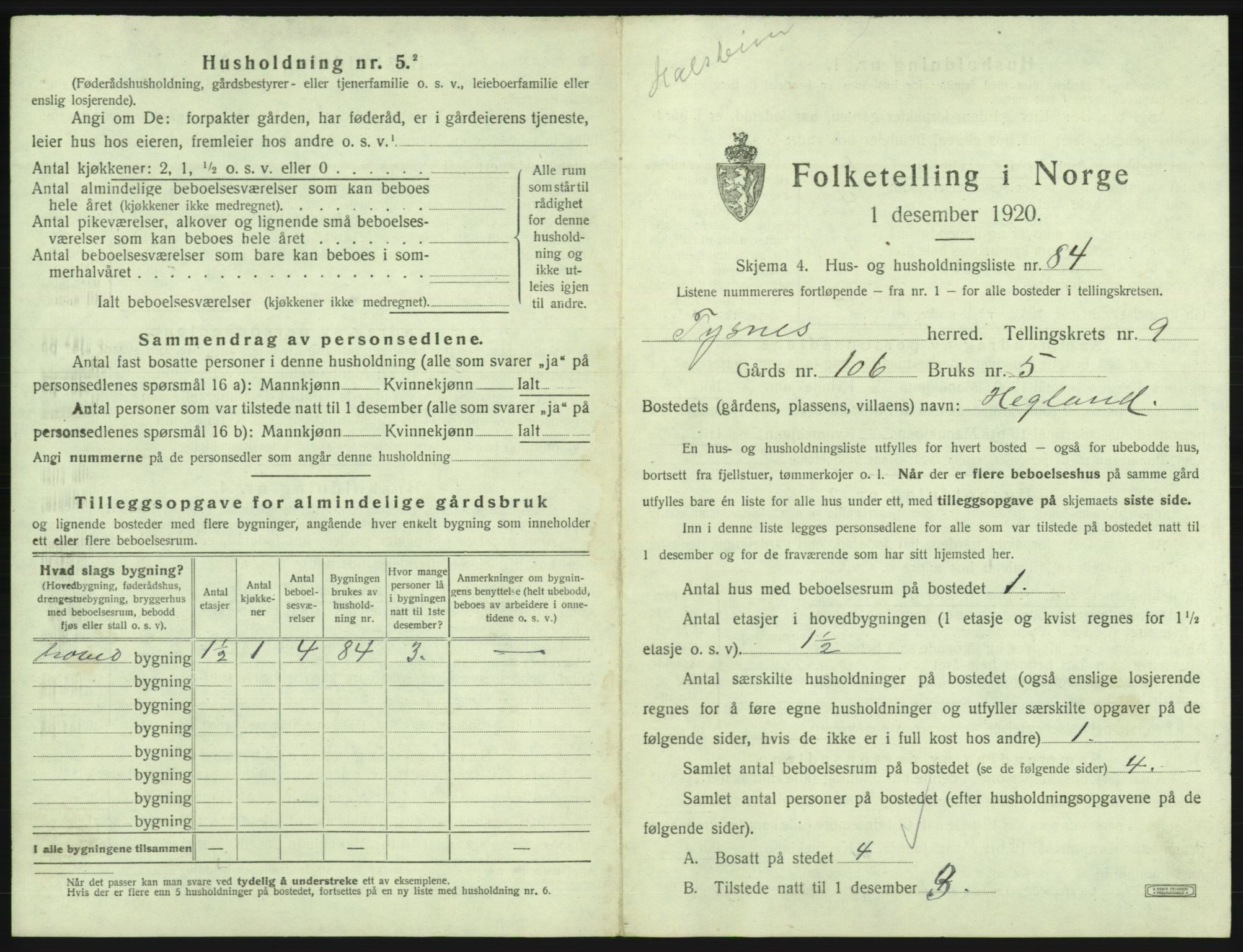 SAB, 1920 census for Tysnes, 1920, p. 980