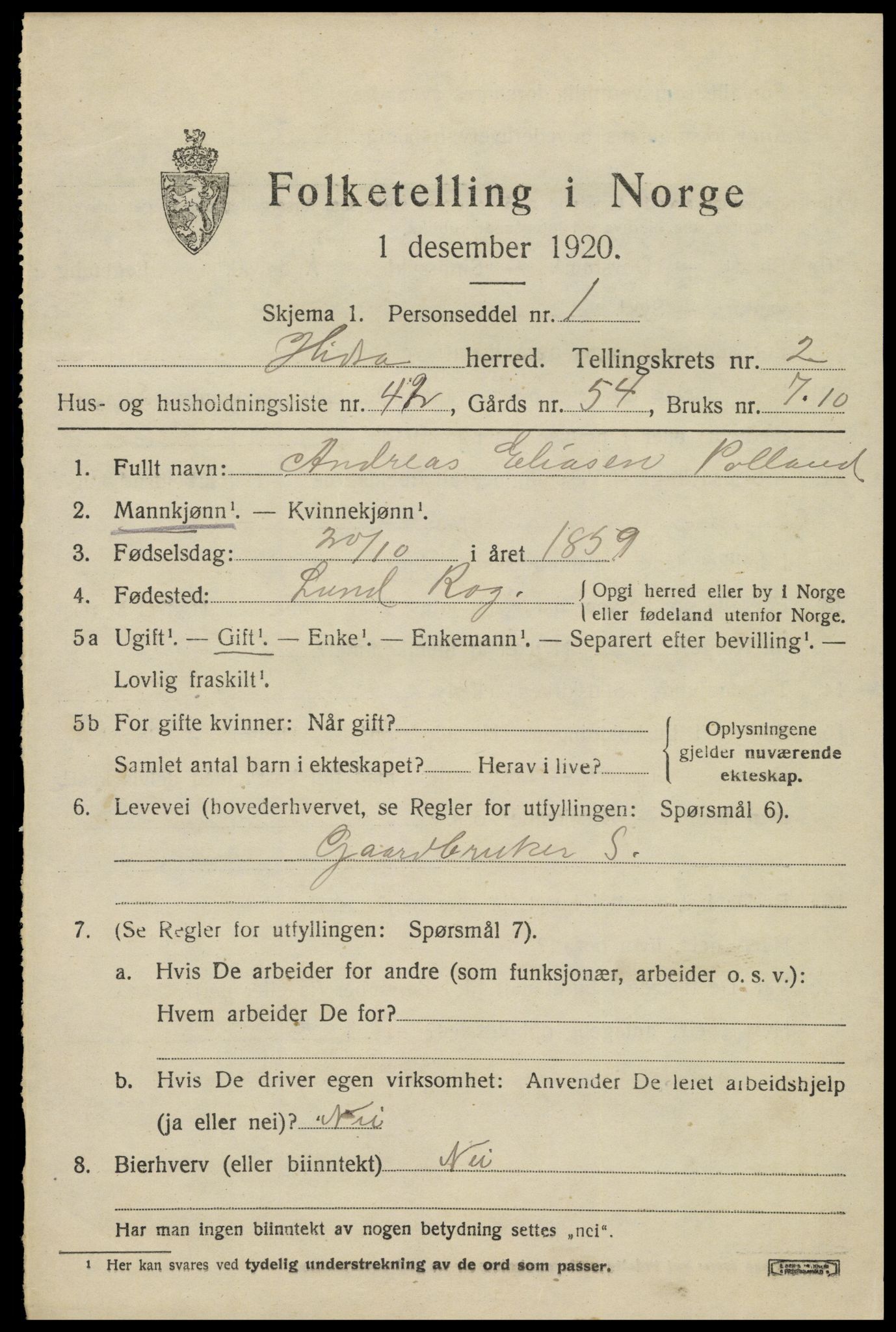 SAK, 1920 census for Hidra, 1920, p. 1538