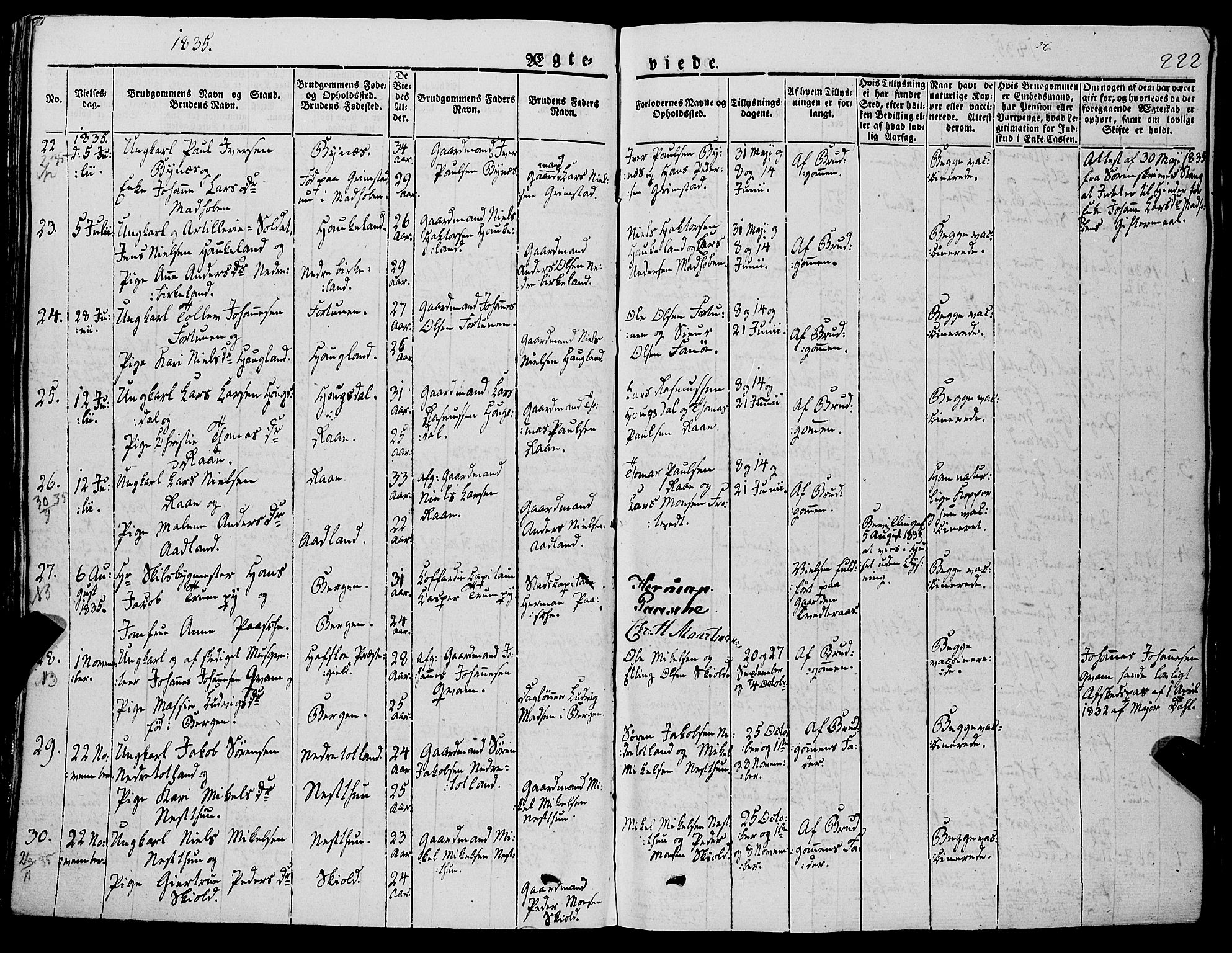 Fana Sokneprestembete, AV/SAB-A-75101/H/Haa/Haaa/L0008: Parish register (official) no. A 8, 1829-1851, p. 222