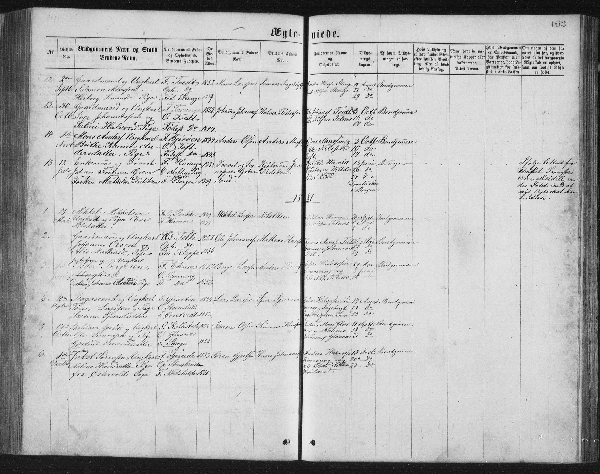 Sund sokneprestembete, SAB/A-99930: Parish register (copy) no. B 2, 1874-1881, p. 162