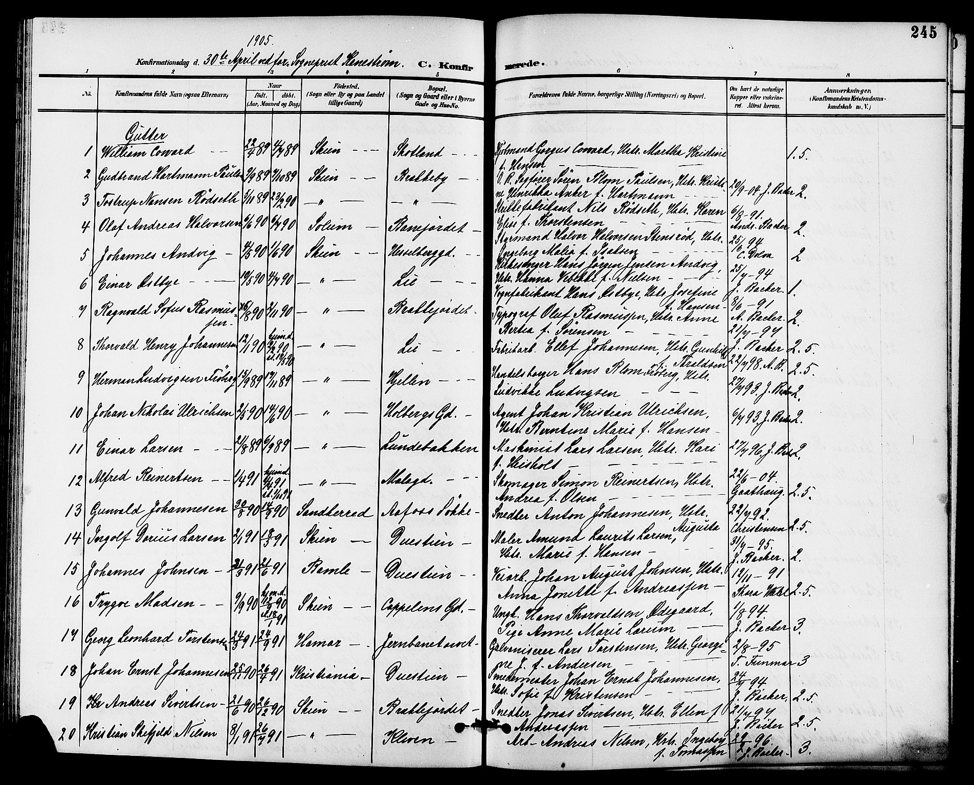Skien kirkebøker, SAKO/A-302/G/Ga/L0008: Parish register (copy) no. 8, 1900-1910, p. 245